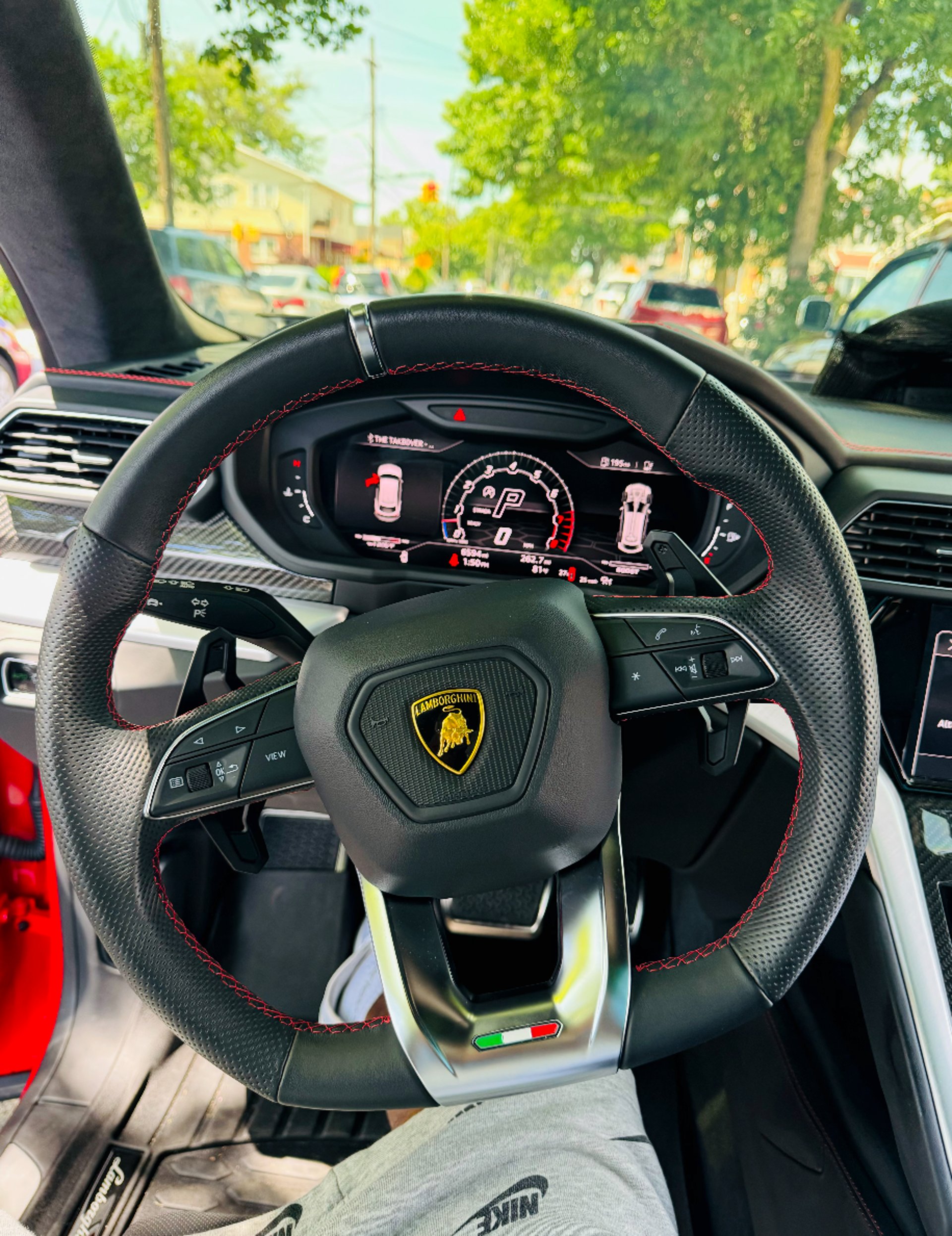 the interior of a vehicle with black leather seats