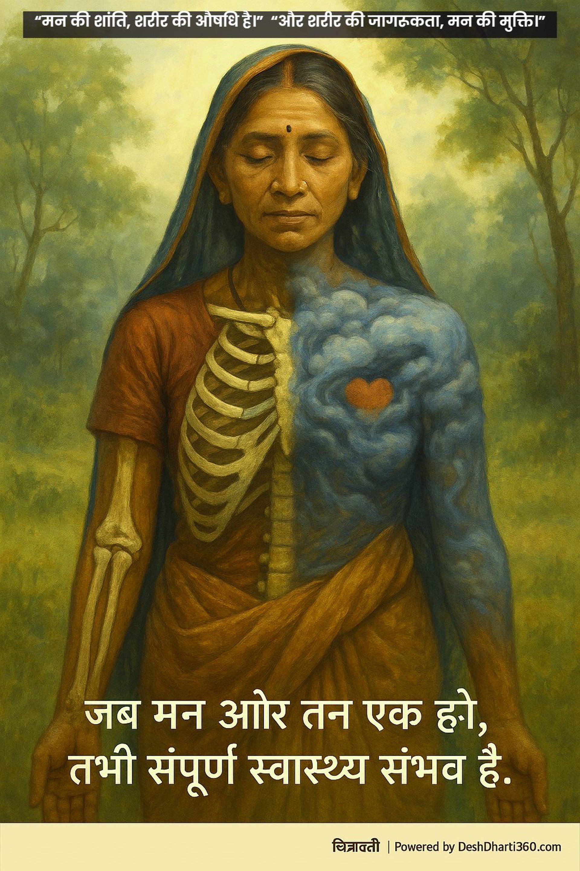 "दो शरीरों की प्रतीकात्मक छवि — एक भौतिक और एक भावनात्मक — जो मन-तन के समन्वय और स्वास्थ्य के संदेश को दर्शाती है।"