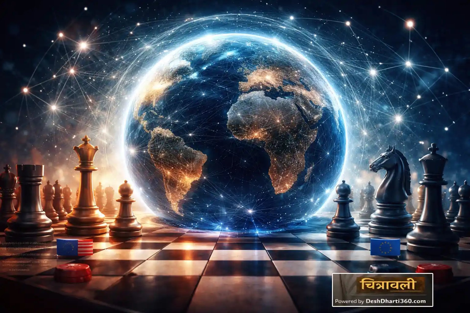 Geopolitical power struggle symbolized by earth on a chessboard representing global strategy and international politics