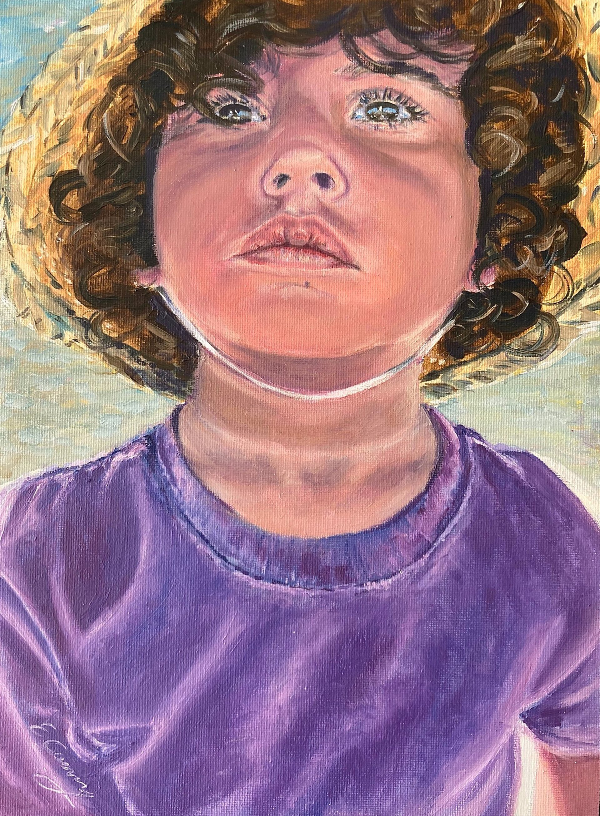 original hand painted oil painting boy purple shirt hat portrait custom 