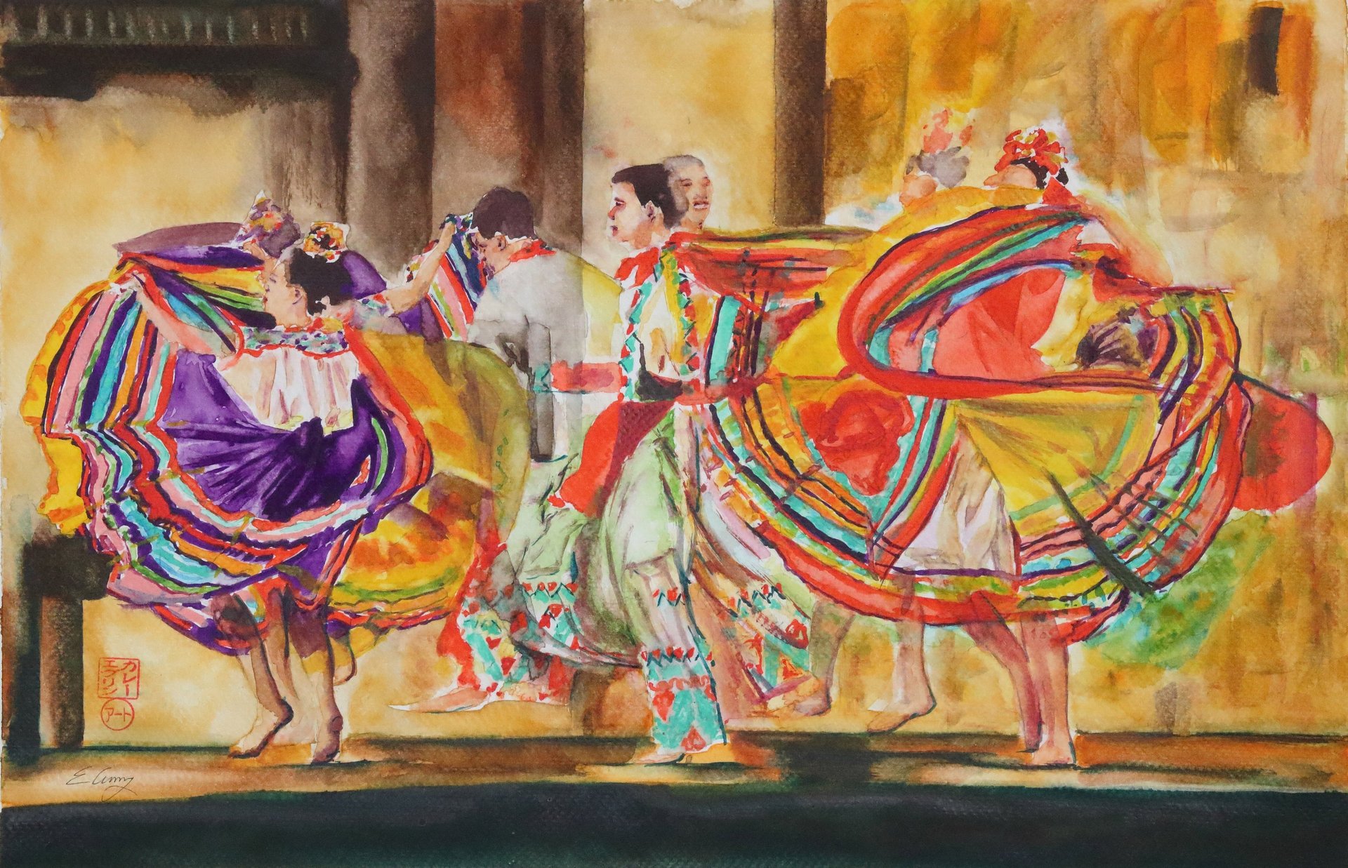 original watercolor painting dancers Mexico orange purple