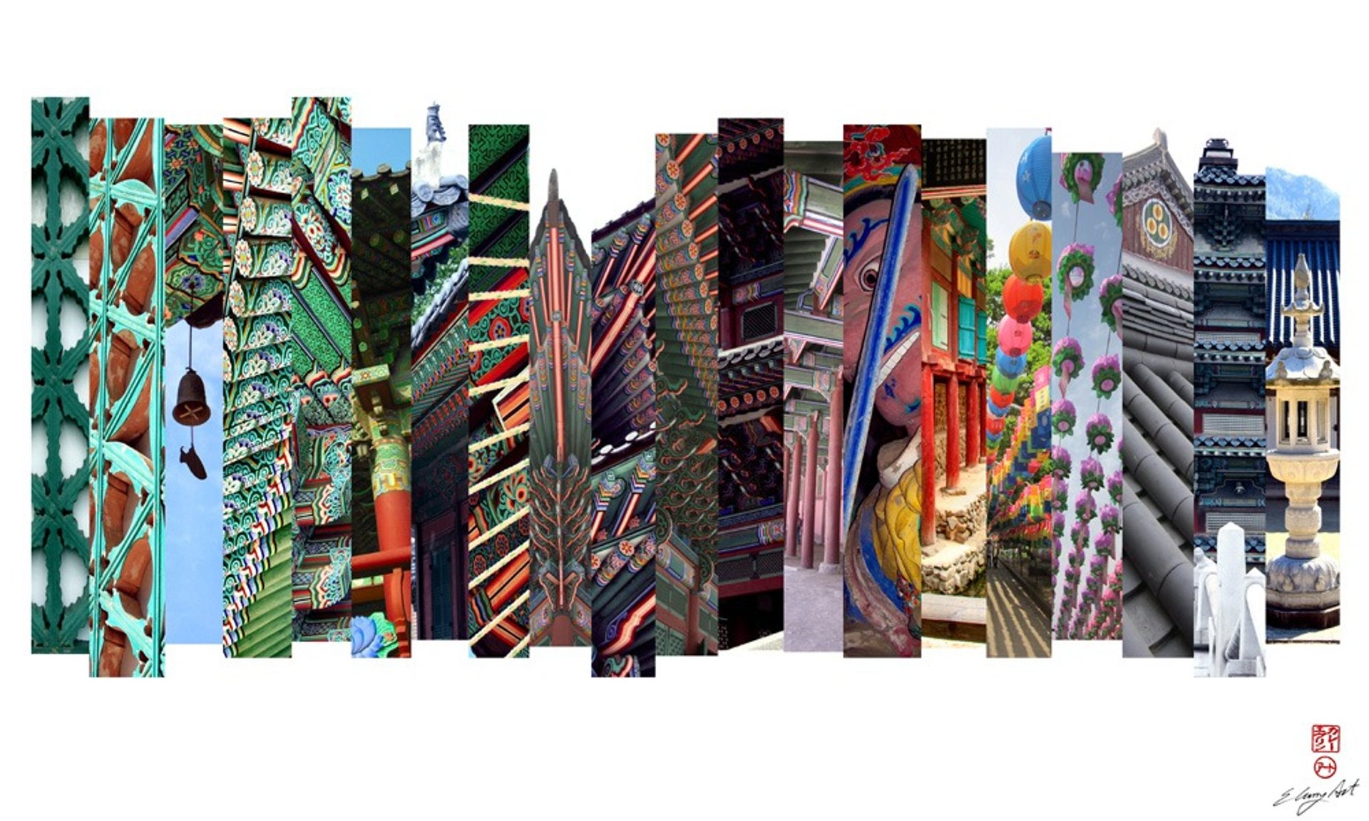 digital photo montage print, collage photography, travel enthusiast, South Korea, slices, architecture