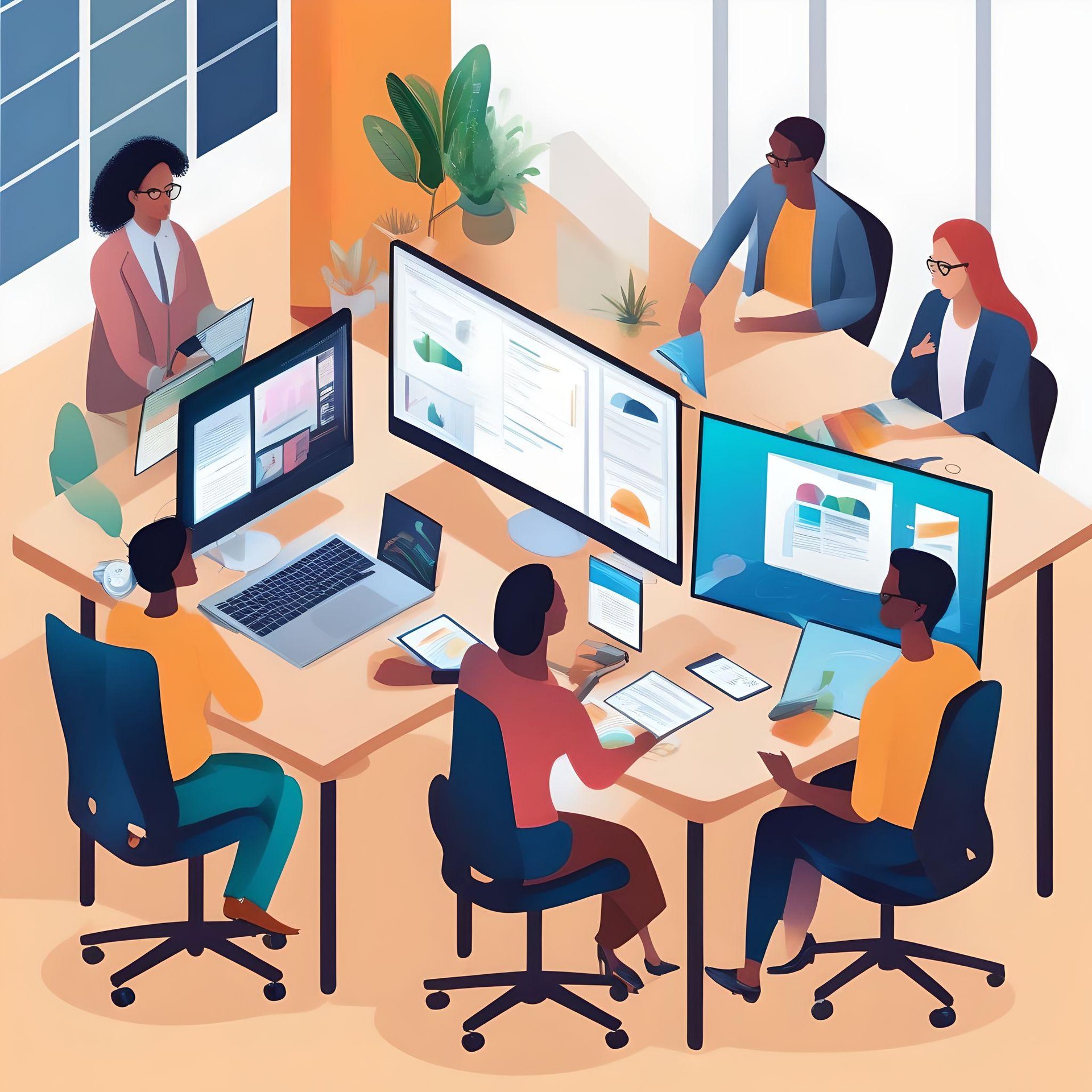 five person by table watching turned on white iMac