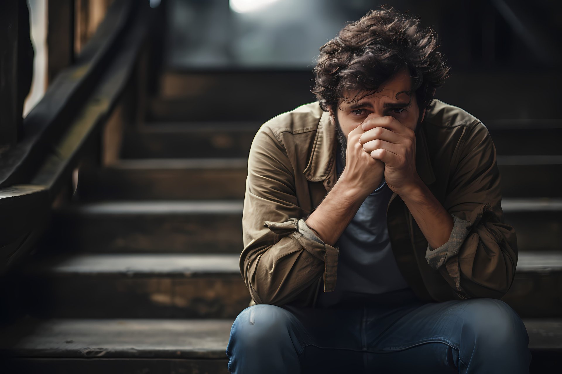 a man holds his head while sitting on a sofa
