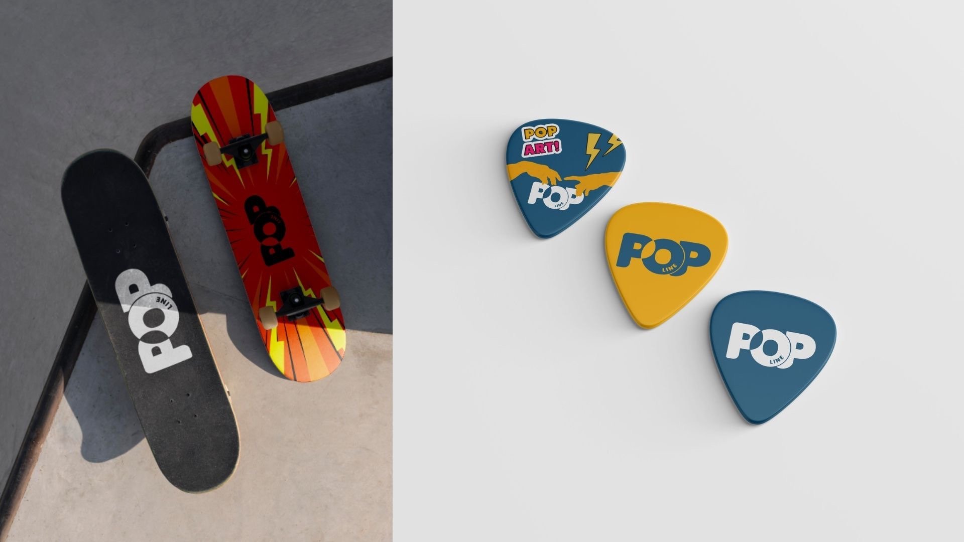 Skateboard de skate e três palhetas, ambos com o logotipo da linha de cabos POP, simbolizando estilo e inovação.
