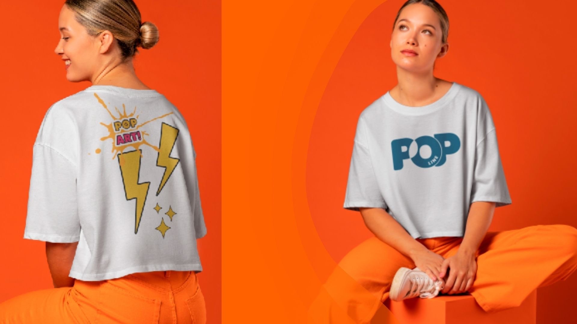 Duas mulheres vestindo camisetas com o logotipo dos cabos "pop" e "pop" estampadas, sorrindo em um ambiente descontraído.