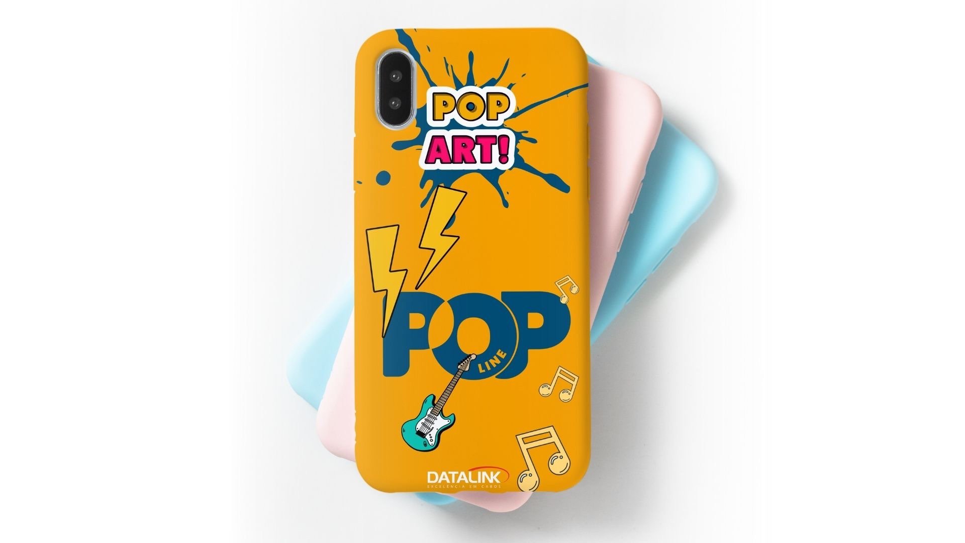 Capa de iPhone com a repetição da frase "pop art" e logotipo da linha de cabos POP em destaque.