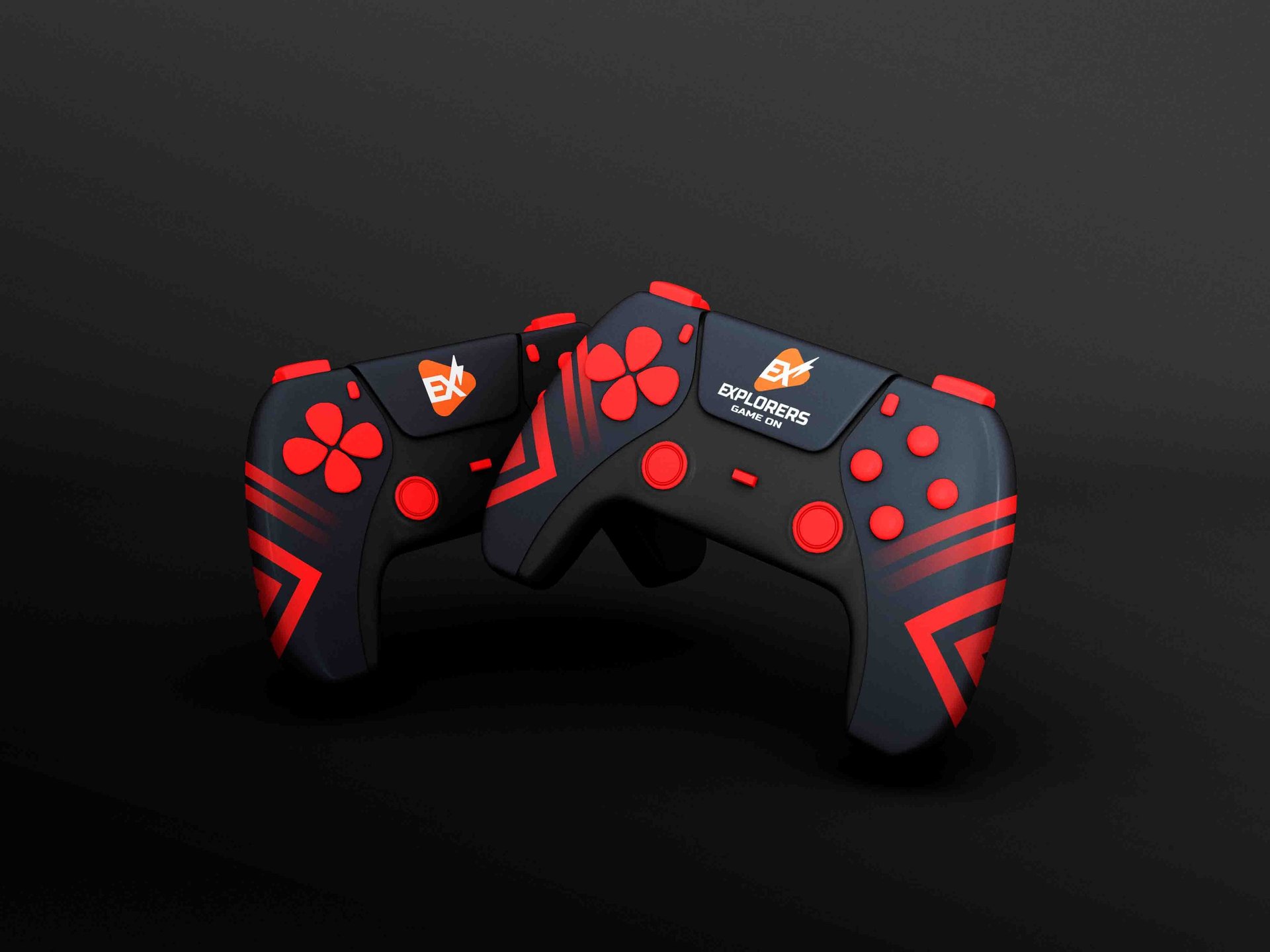 Dois controladores de jogo vermelhos e pretos sobre um fundo preto, destacando seu design moderno e atraente.