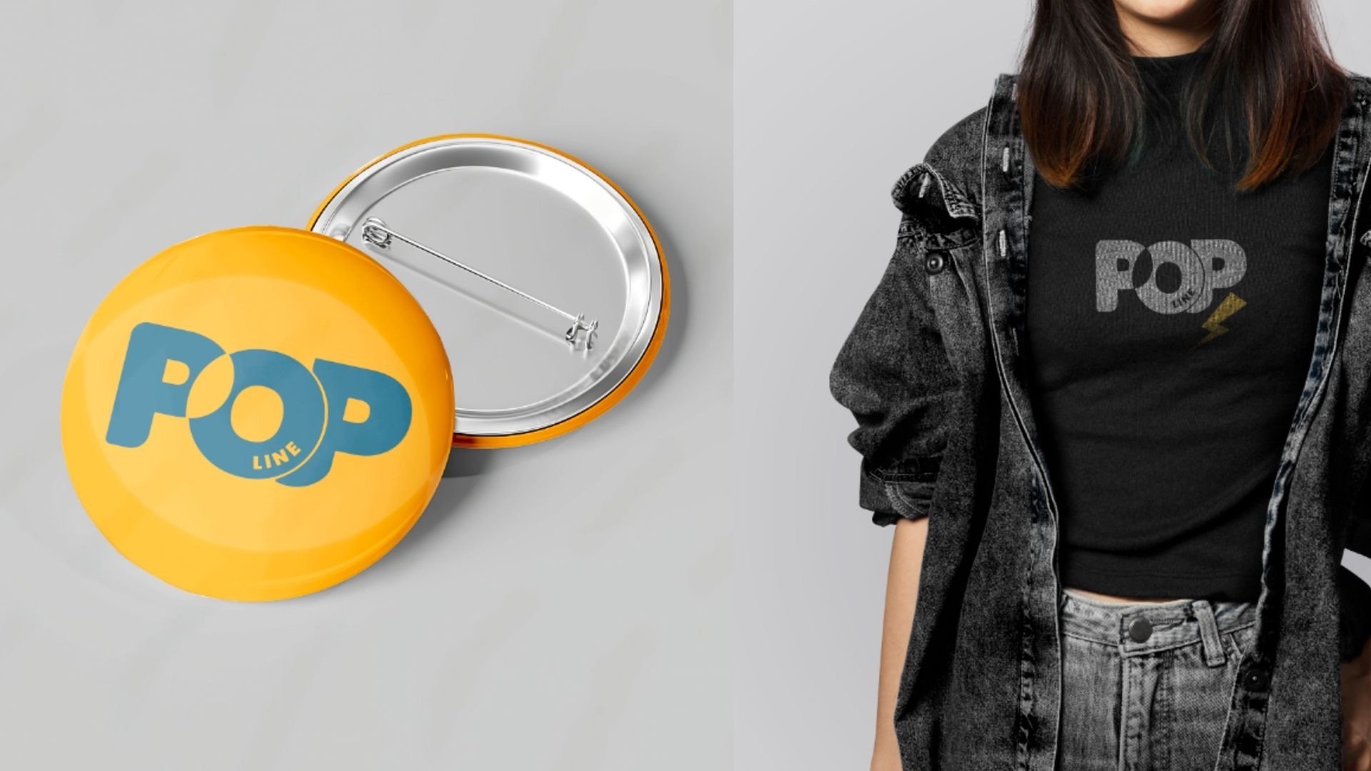 Mulher vestindo uma camisa preta ao lado dois botons (pins) amarelos com a palavra "pop" estampada