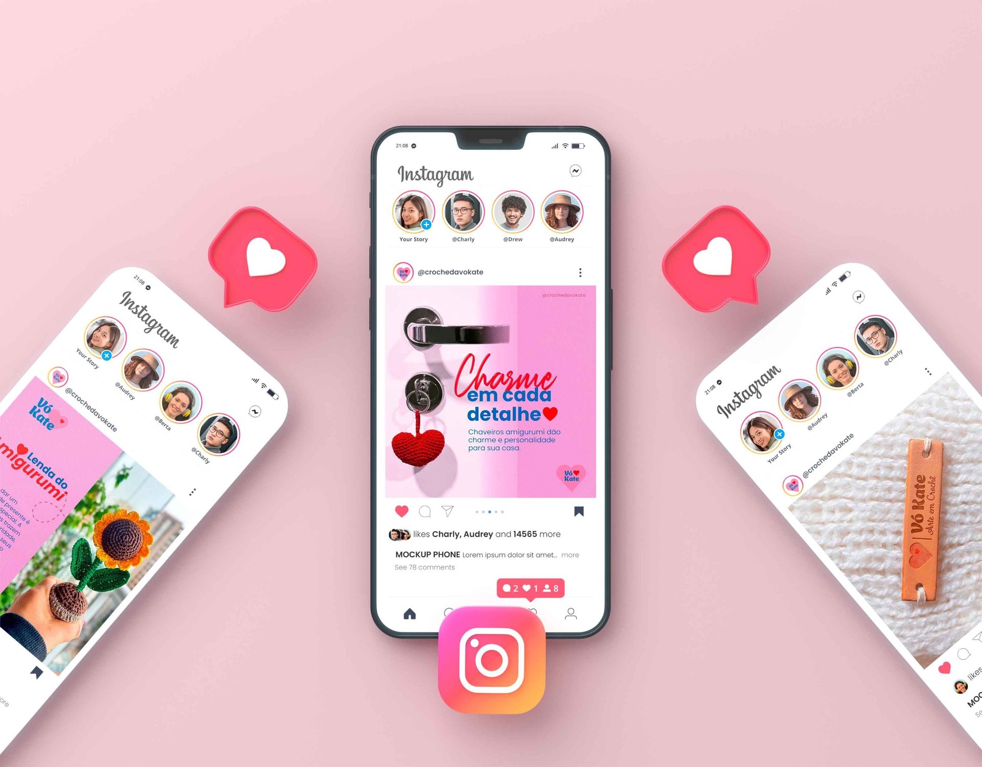 Três smartphones exibindo a interface do Instagram, com fotos e postagens visíveis nas telas.