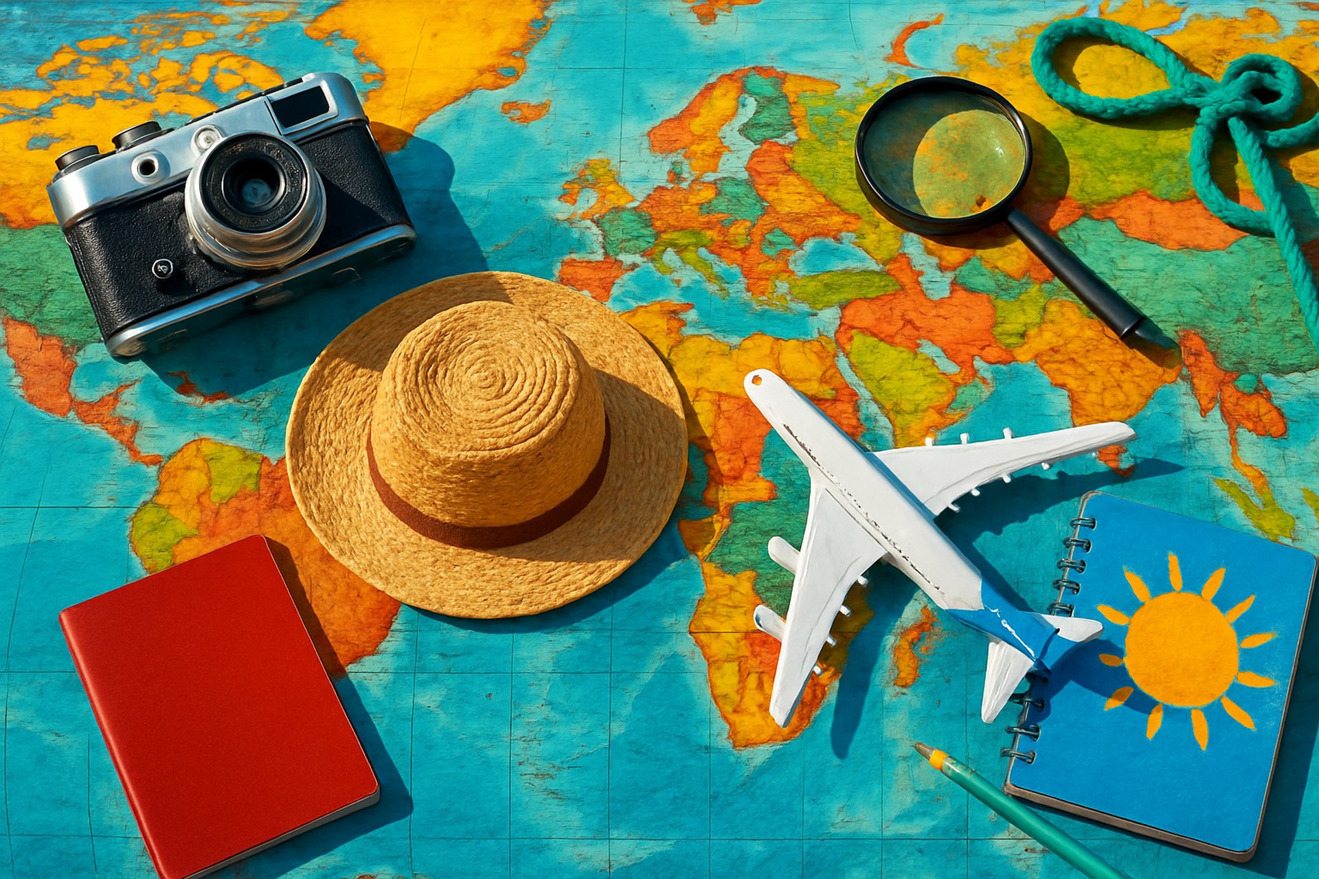 Flat lay of travel essentials on a colorful world map, including a vintage camera, straw hat, magnifying glass, toy airplane,