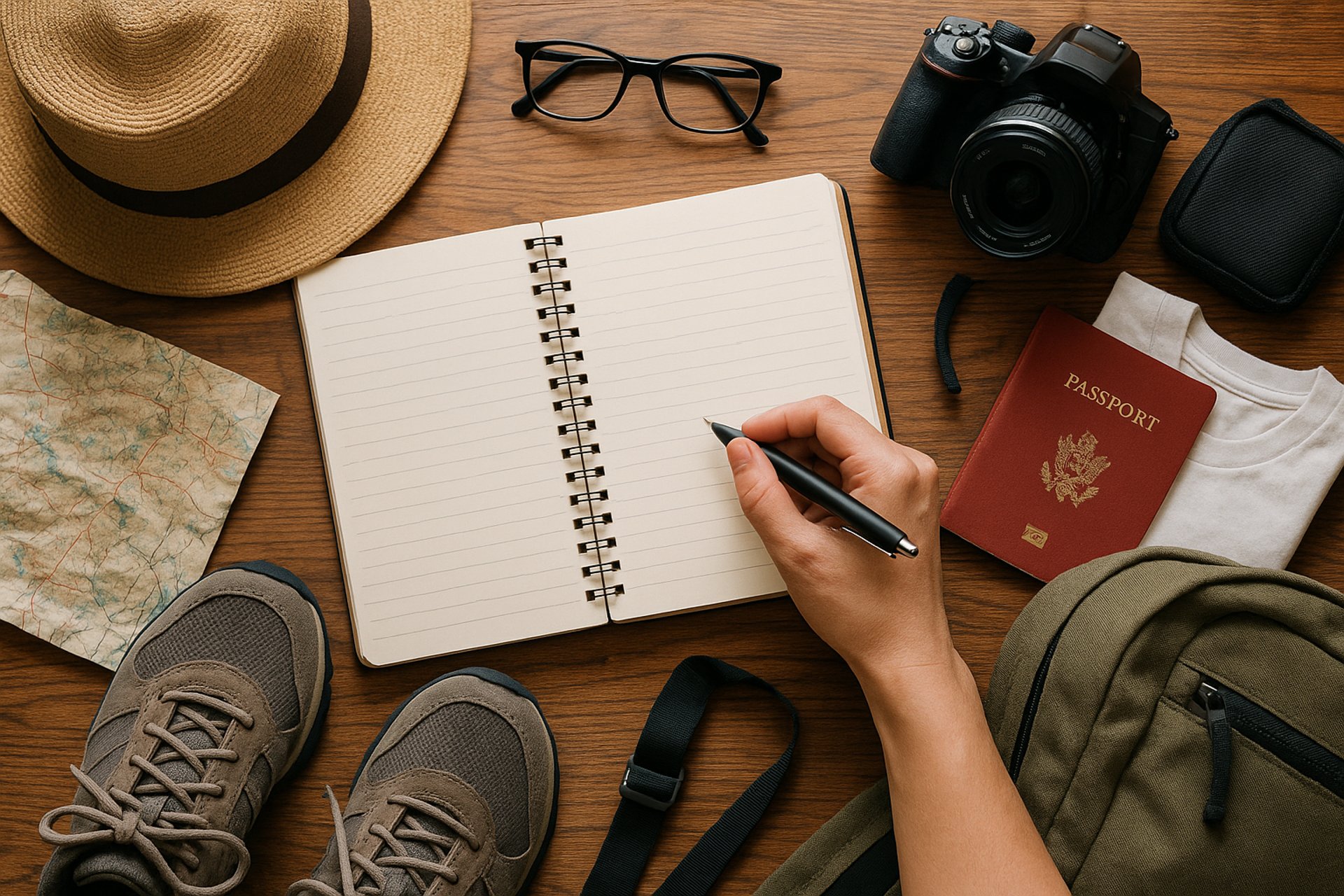 Solo traveler preparing a packing checklist with essentials including passport, camera, map, shoes, and travel journal on a w