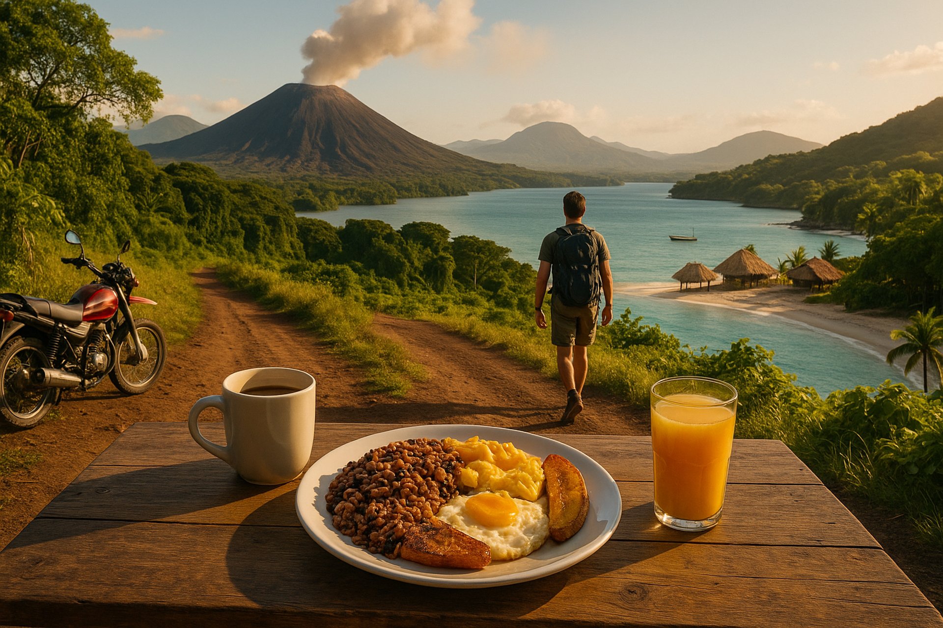 Backpacker walking toward a volcano in Nicaragua with tropical jungle, lake views, and Corn Islands beach in the distance, wi