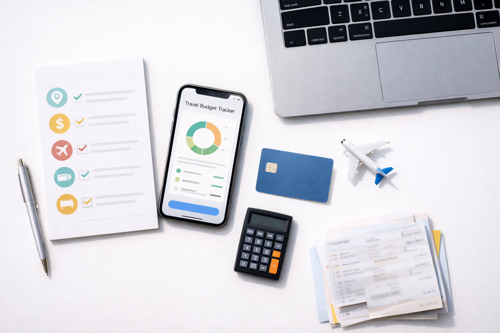 Modern travel planning flat lay on white desk with checklist icons, budget app phone, laptop, card, calculator, tickets, toy