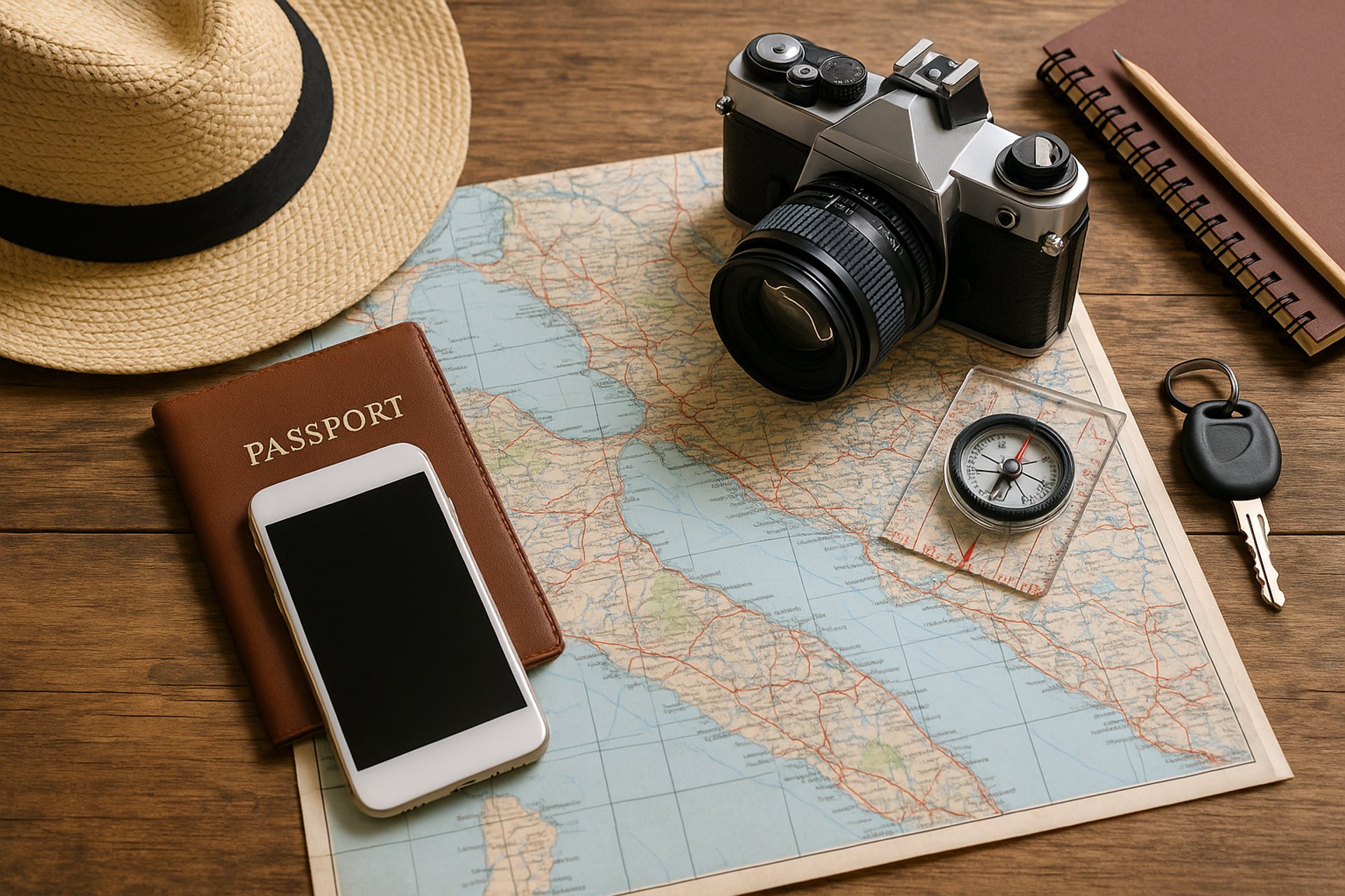 Flat lay of travel essentials on a wooden surface, including a straw hat, vintage camera, passport with smartphone, folded ma