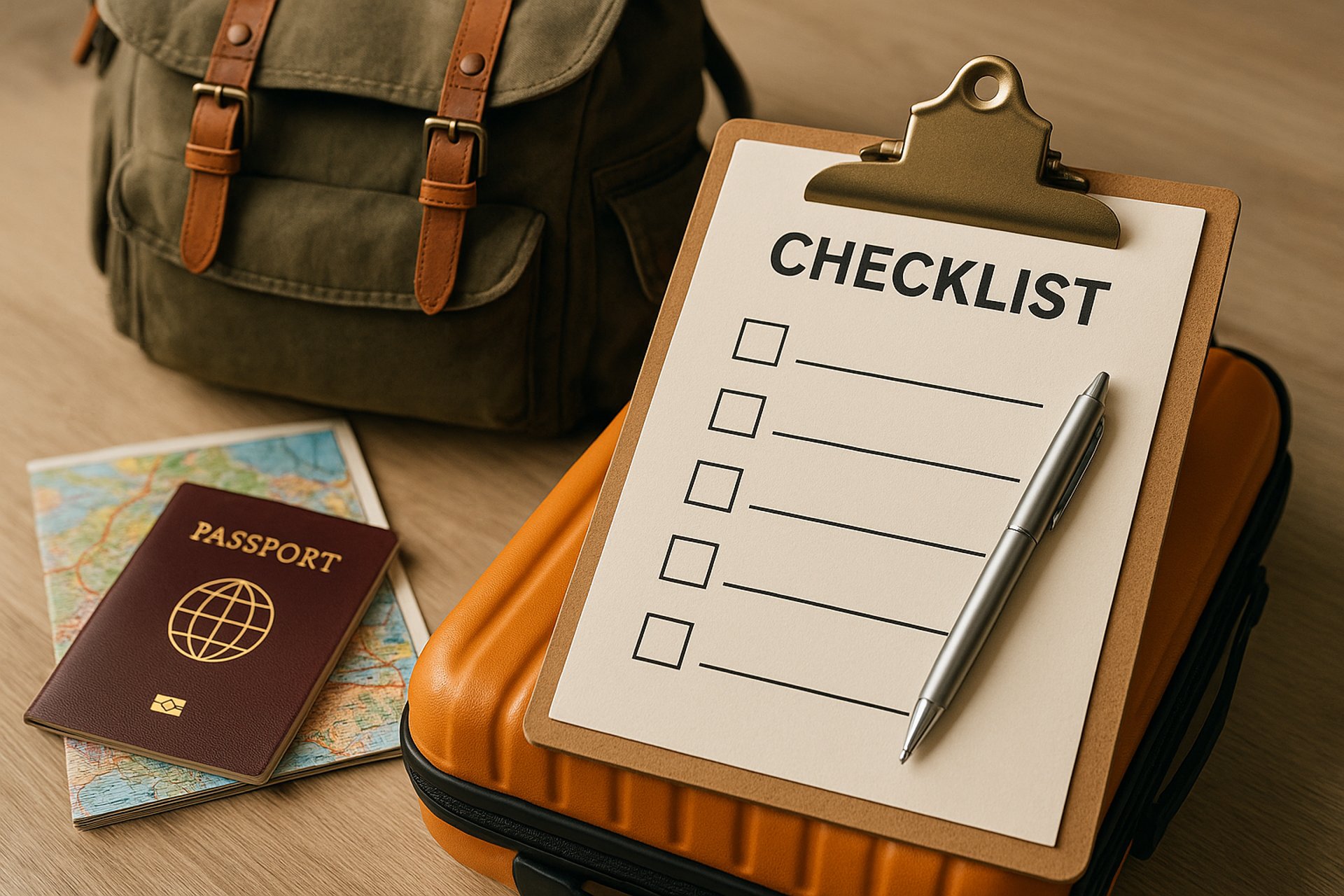 A photo-realistic image of a travel checklist on a clipboard, placed atop an orange suitcase. A silver pen rests on the check