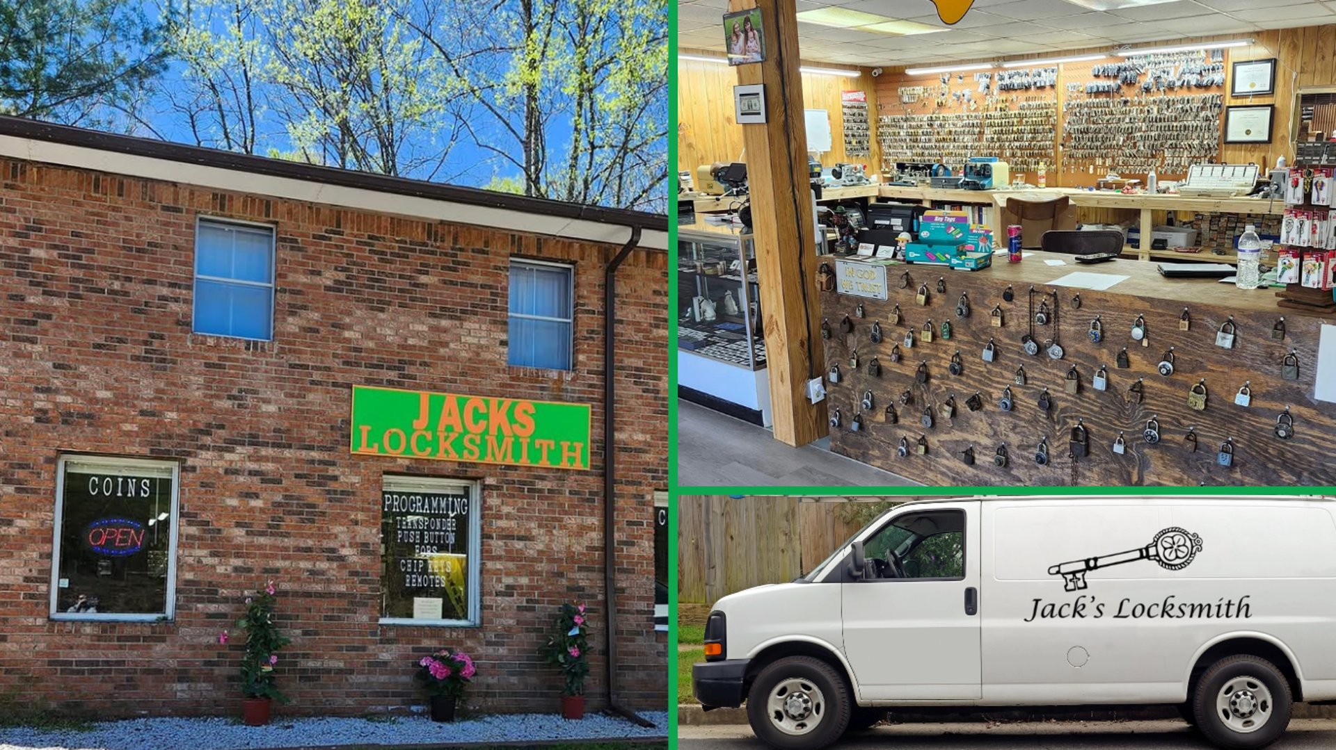 A hero image for Jack’s locksmith of a collage with the storefront in Burnsville, NC, and mobile locksmith services