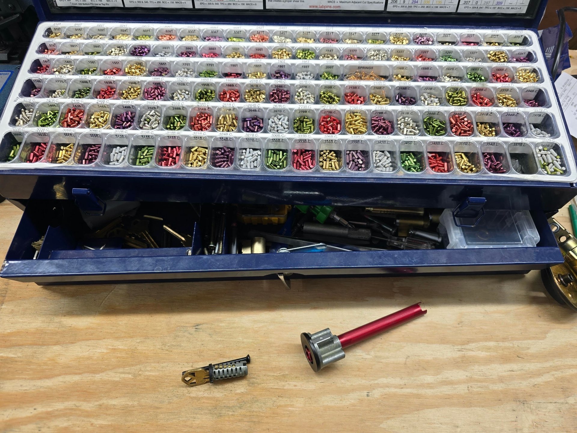 Lock rekeying pin kit and locksmith tools used for rekeying residential door locks