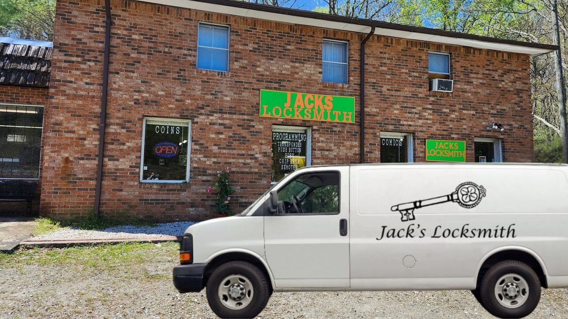 Jack's Locksmith storefront with work van in Burnsville, NC, trusted locksmith with 25+ years experience