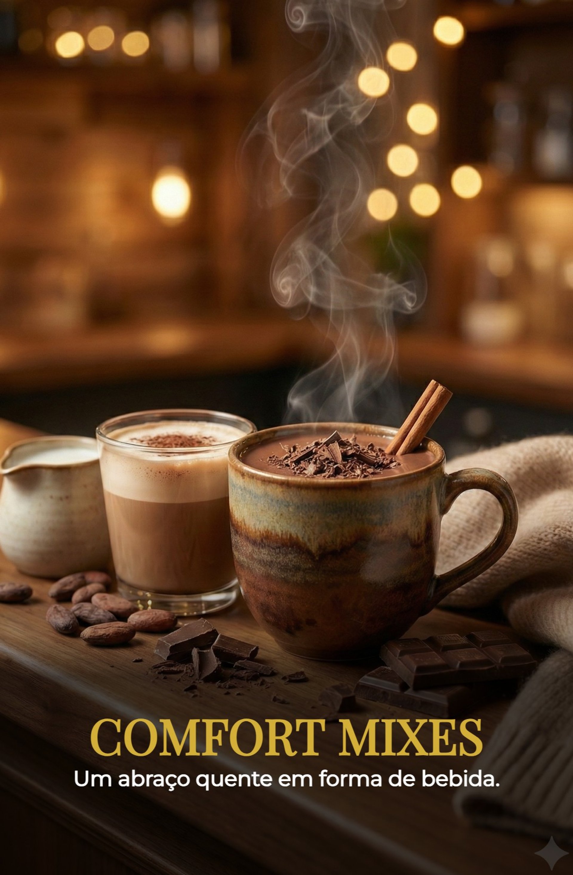 Bebidas aconchegantes no We Hall Beauty: chocolate quente em caneca de cerâmica e café cremoso com vapor e luz dourada suave.