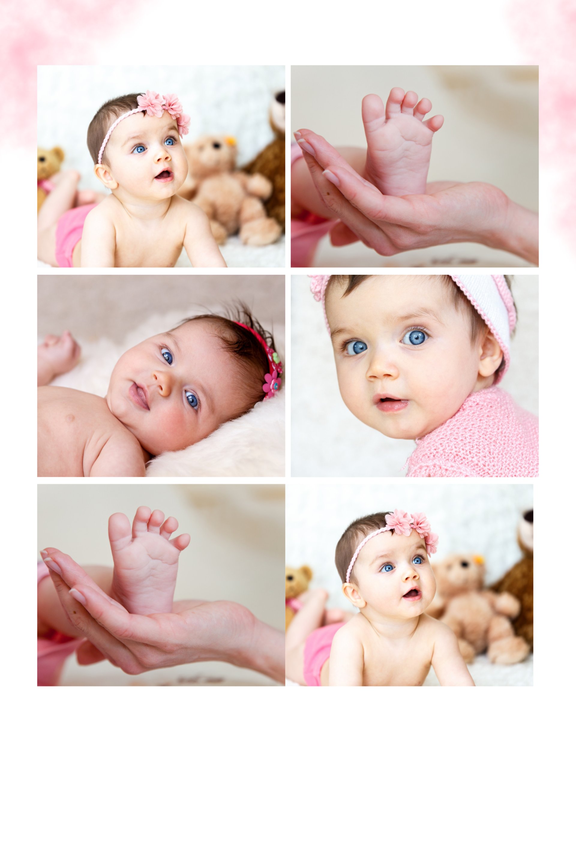 baby in pink onesie lying on white bed