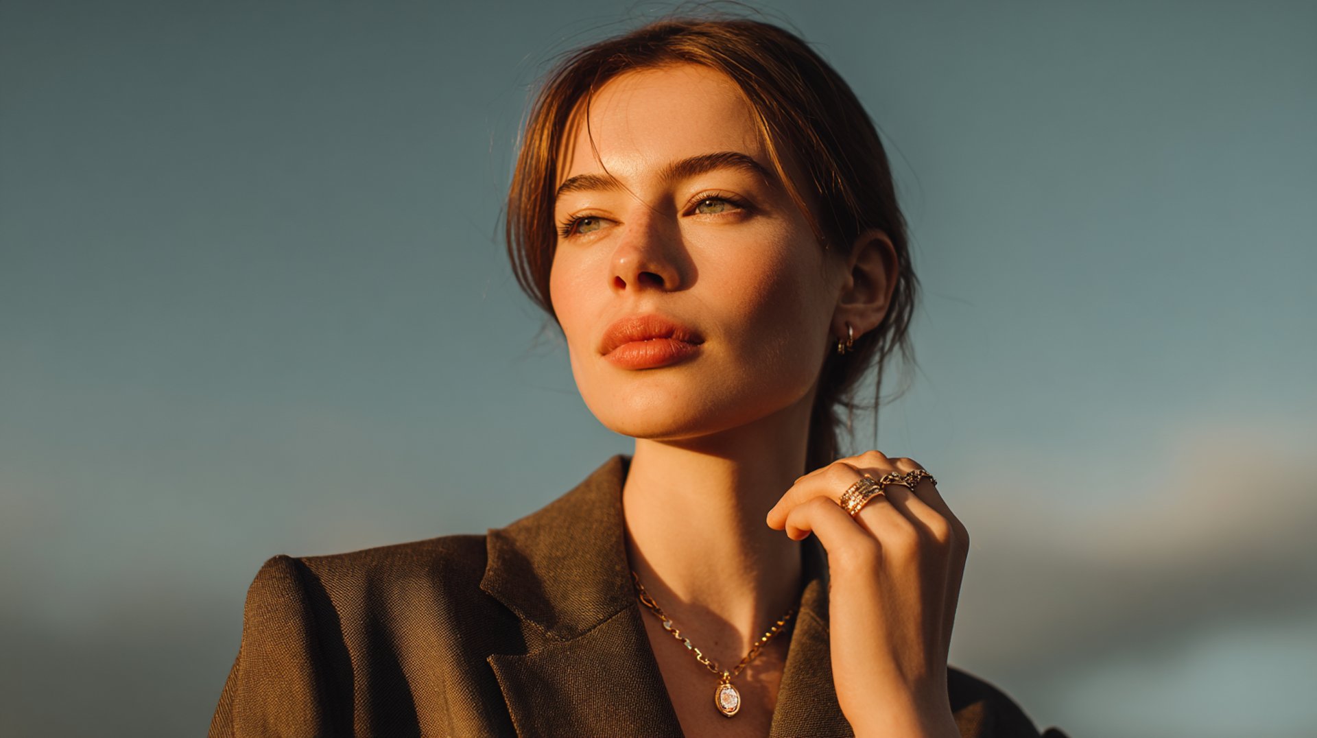 Elegante Frau trägt feine Schmuckkollektion von HeideSchmuck – Halskette und Ring im goldenen Licht, Neuheiten inspiriert von