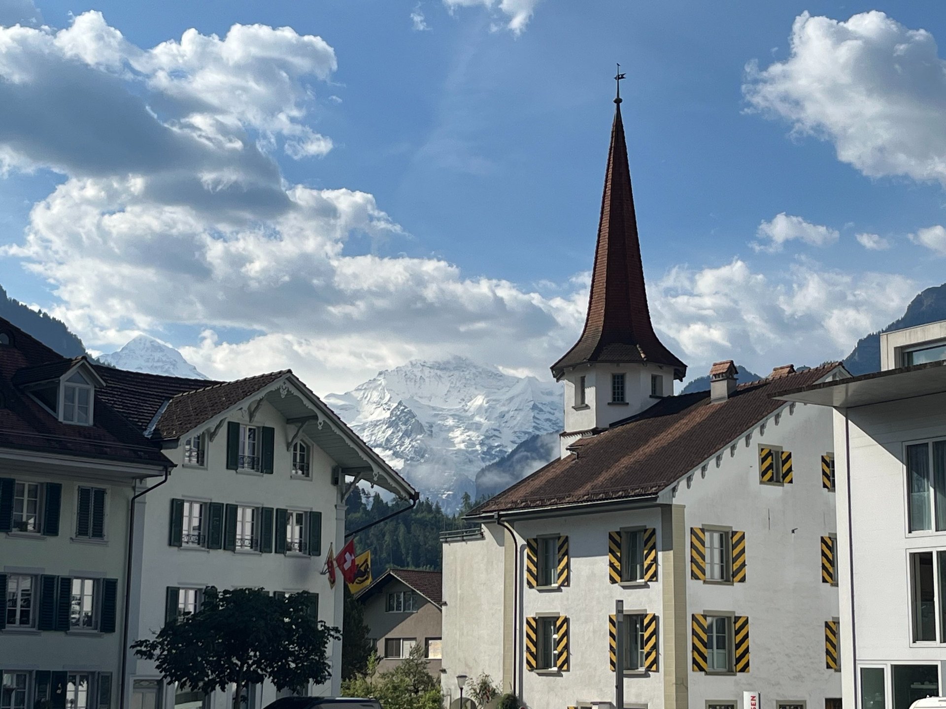 Jungfrau behind Schloss Unterseen in Interlaken Switzerland