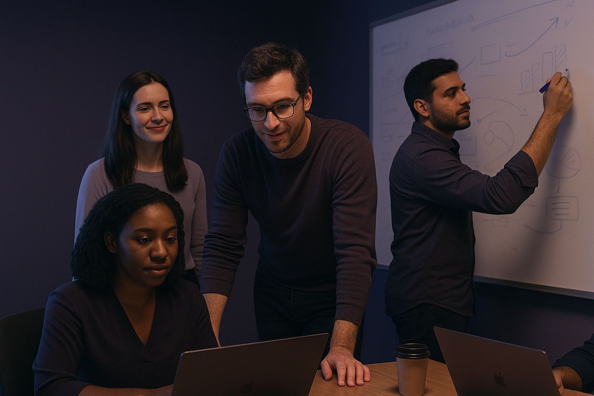 man standing in front of people sitting beside table with laptop computers
