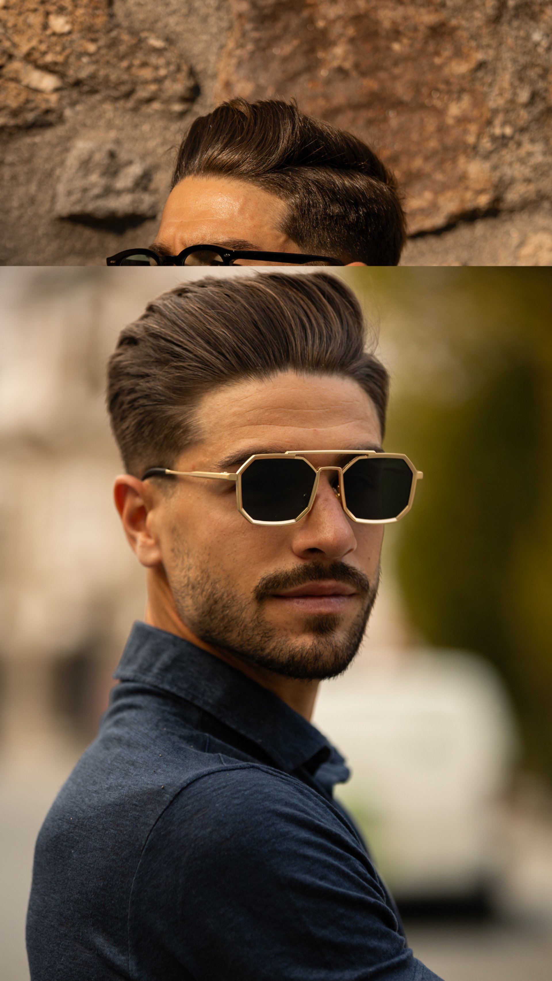 a pair of blue sunglasses sitting on top of a pink tube