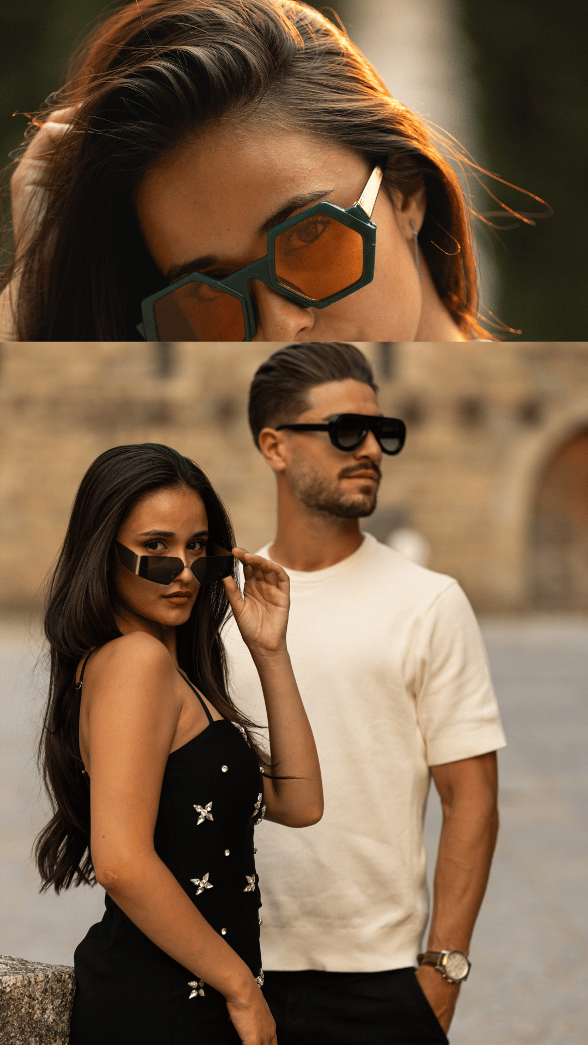 a pair of blue sunglasses sitting on top of a pink tube