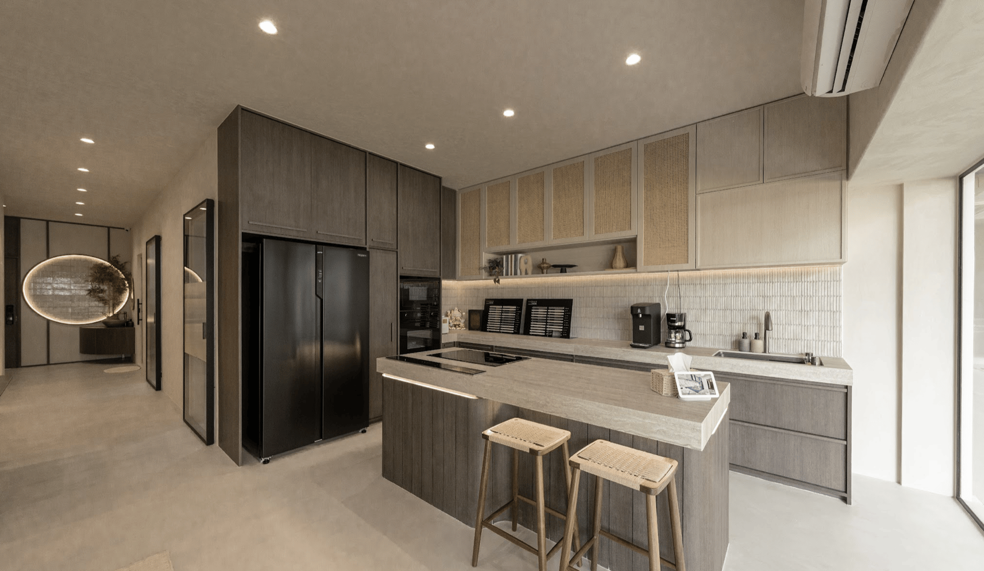 an abstract photo of a curved building with a blue sky in the background