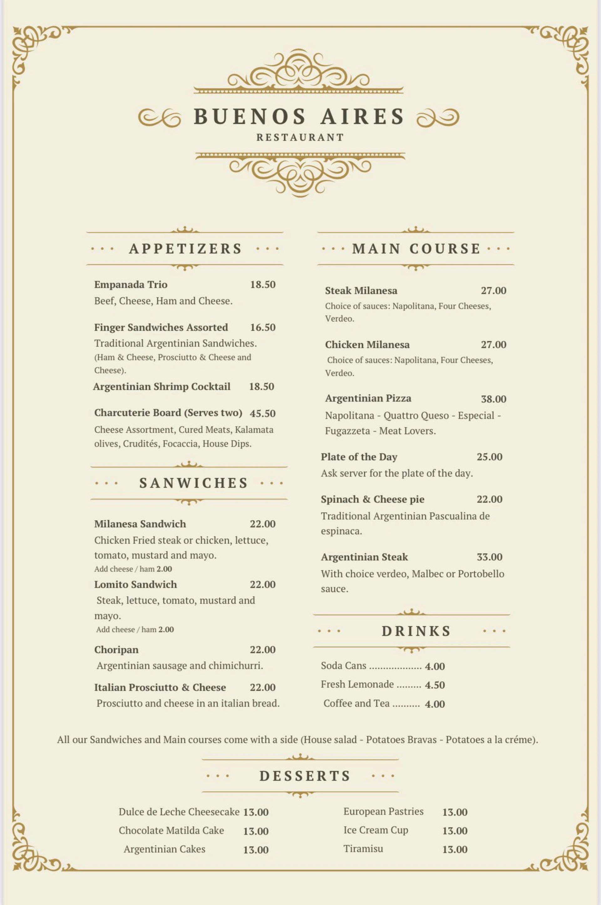 Buenos Aires Restaurant Main Menu