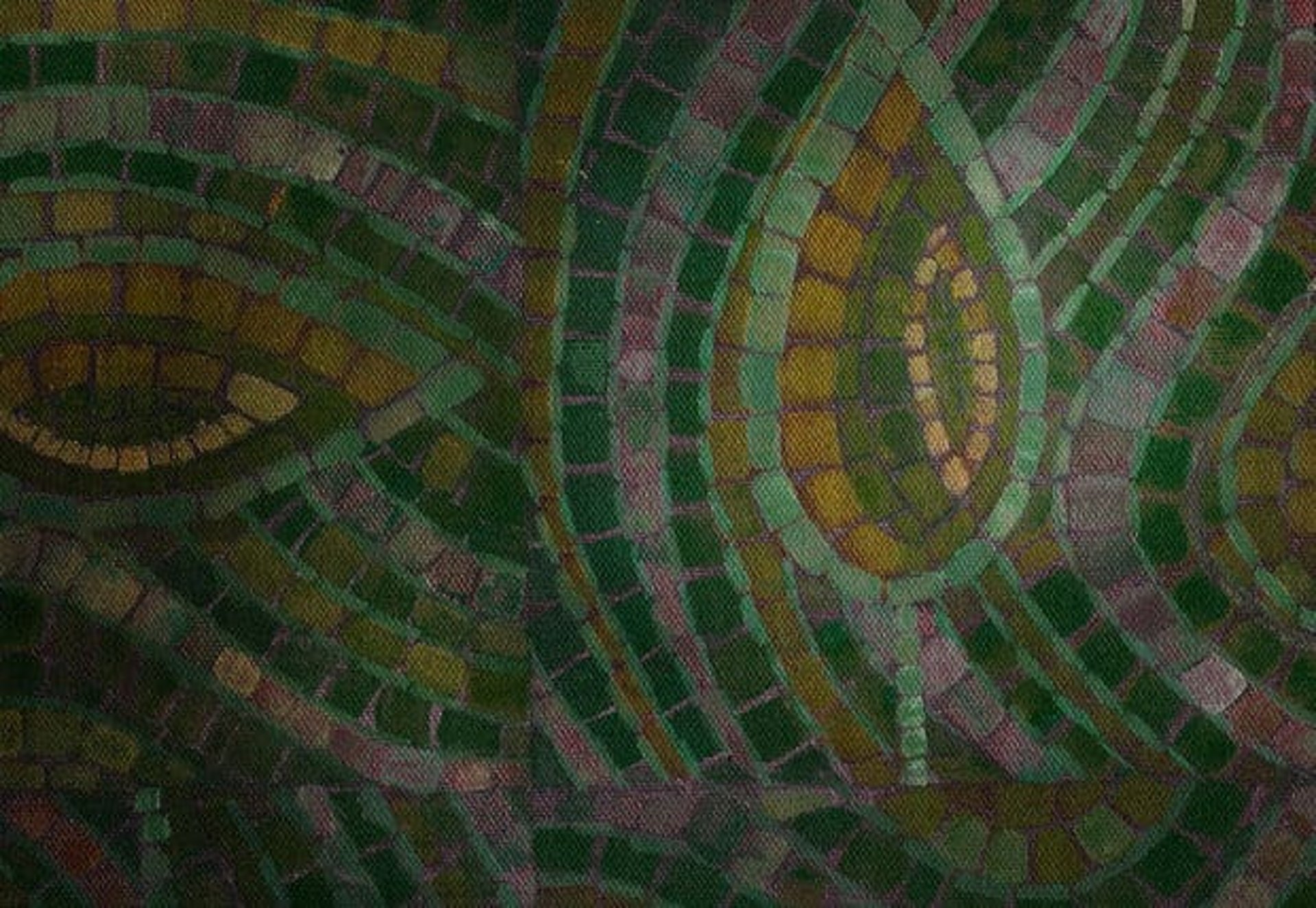 Green and gold painted mosaic trompe l'oeil with lines and leaf shapes