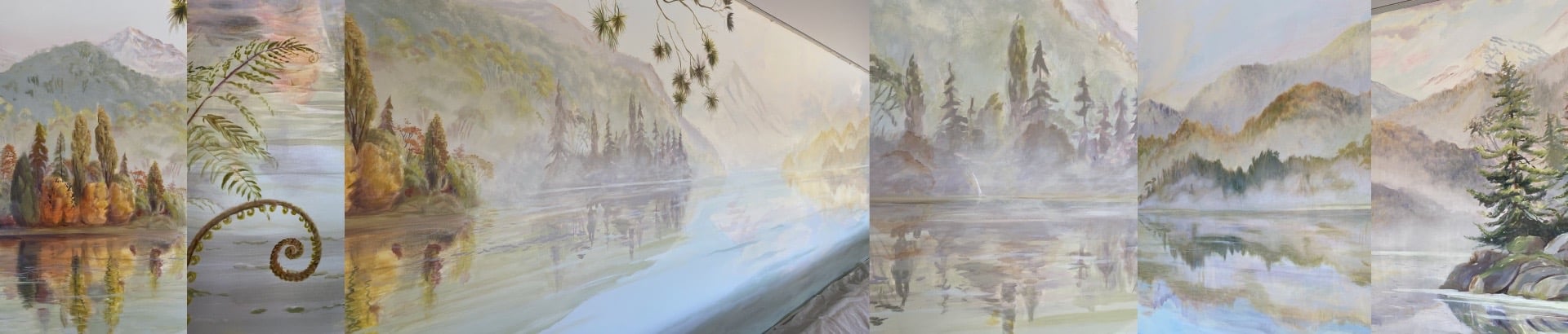 Angled view of pool mural showing New Zealand lake, misty mountains, and trees.
