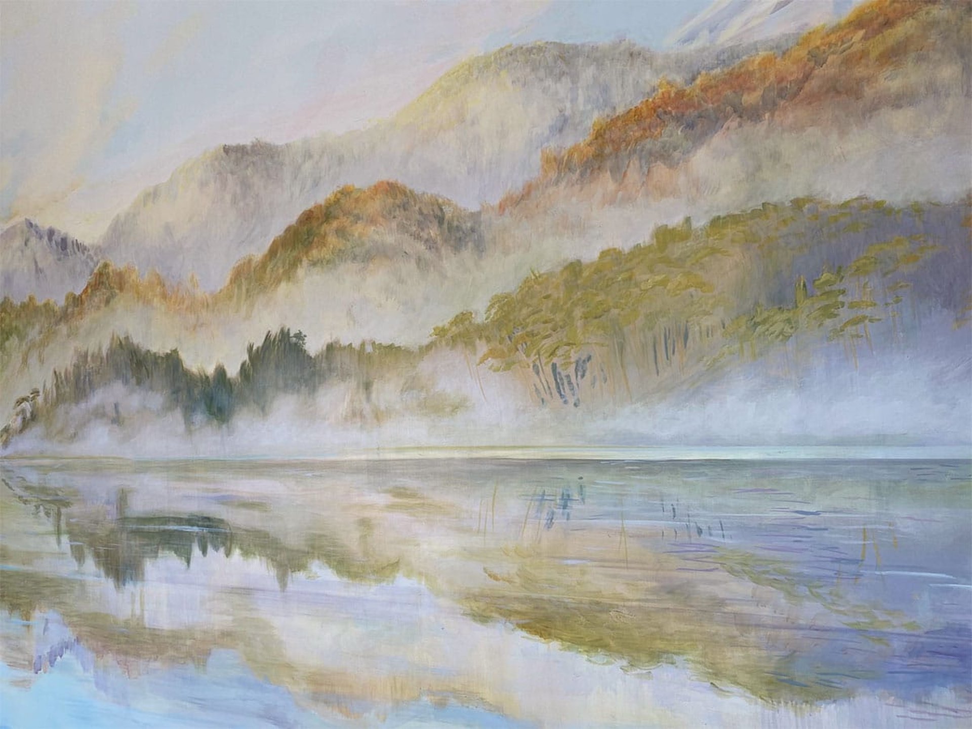 A close-up of a New Zealand mural depicting a foggy lake surrounded by thickly forested mountains. 