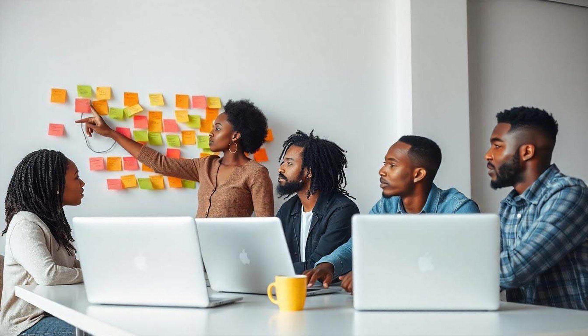 woman placing sticky notes on wall