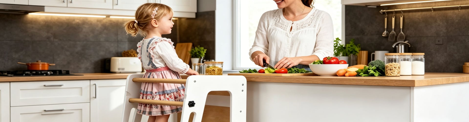 A smiling young girl wearing an apron at a table.