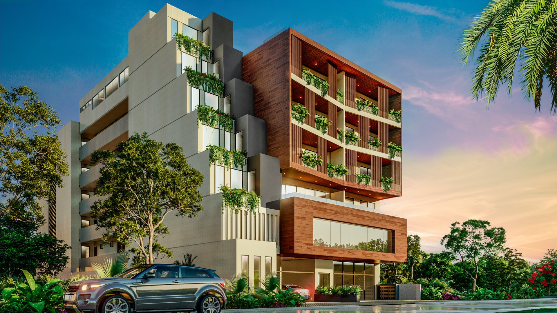 an abstract photo of a curved building with a blue sky in the background