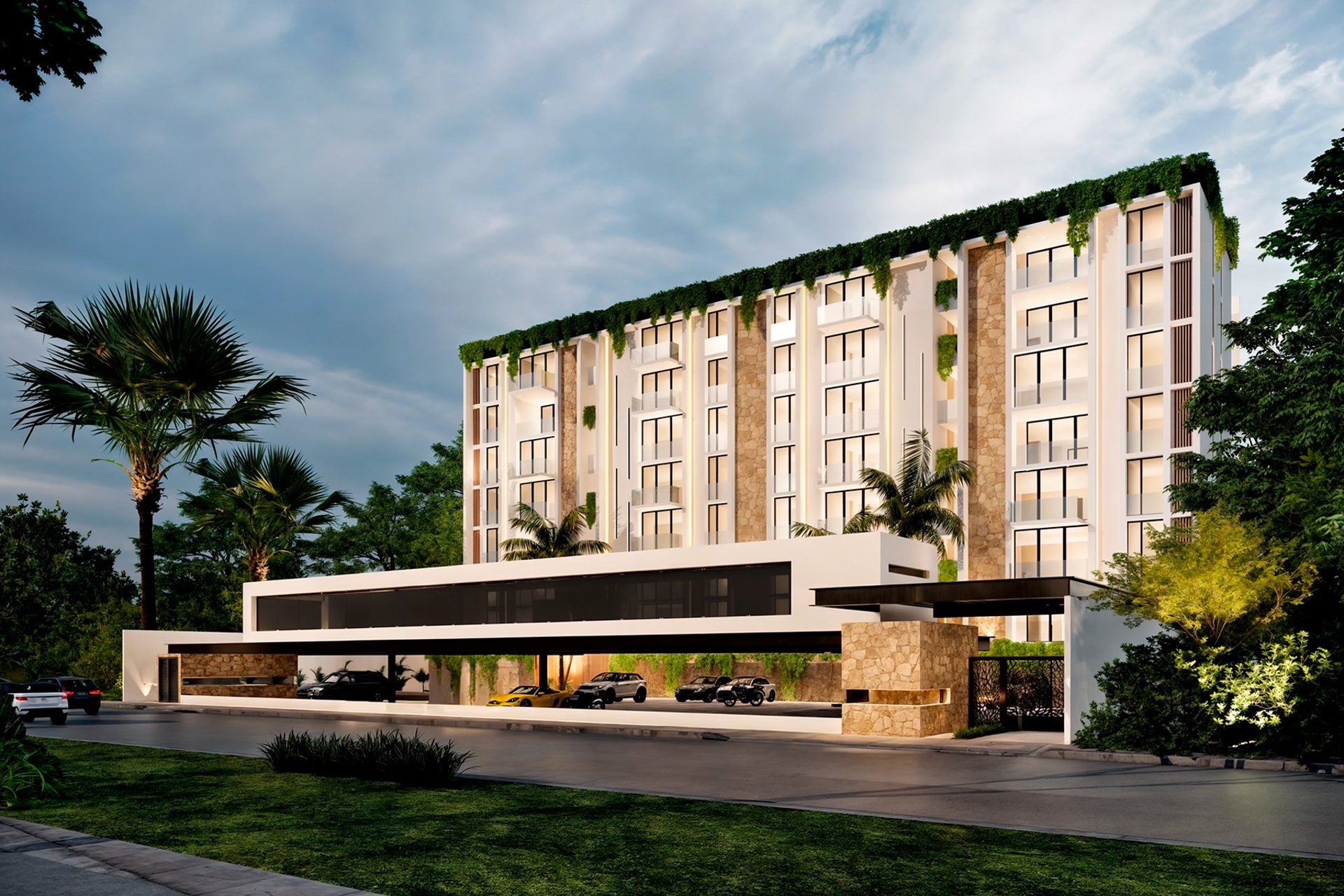 an abstract photo of a curved building with a blue sky in the background