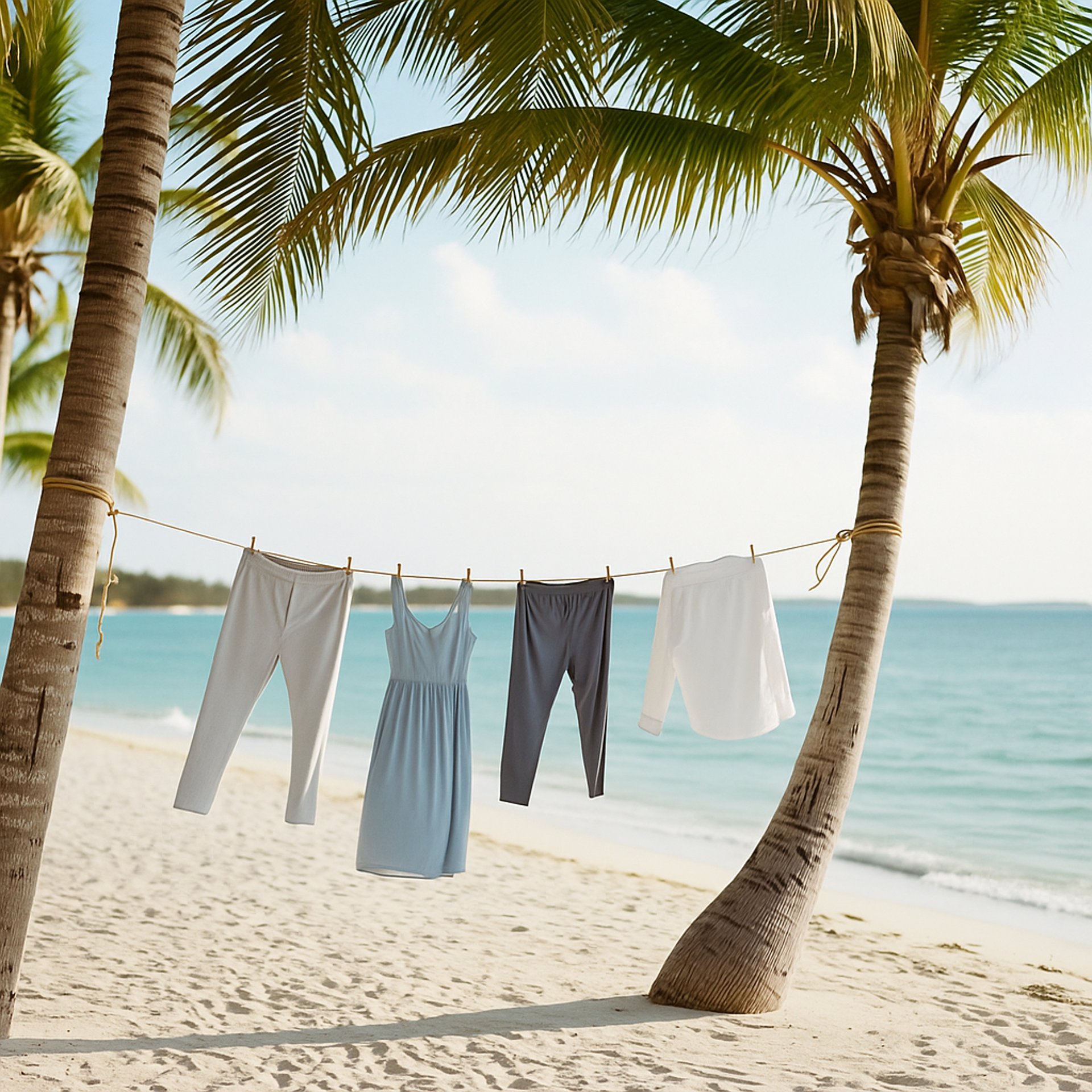 Clothesline between palm trees on a sandy beach with ocean and blue sky.