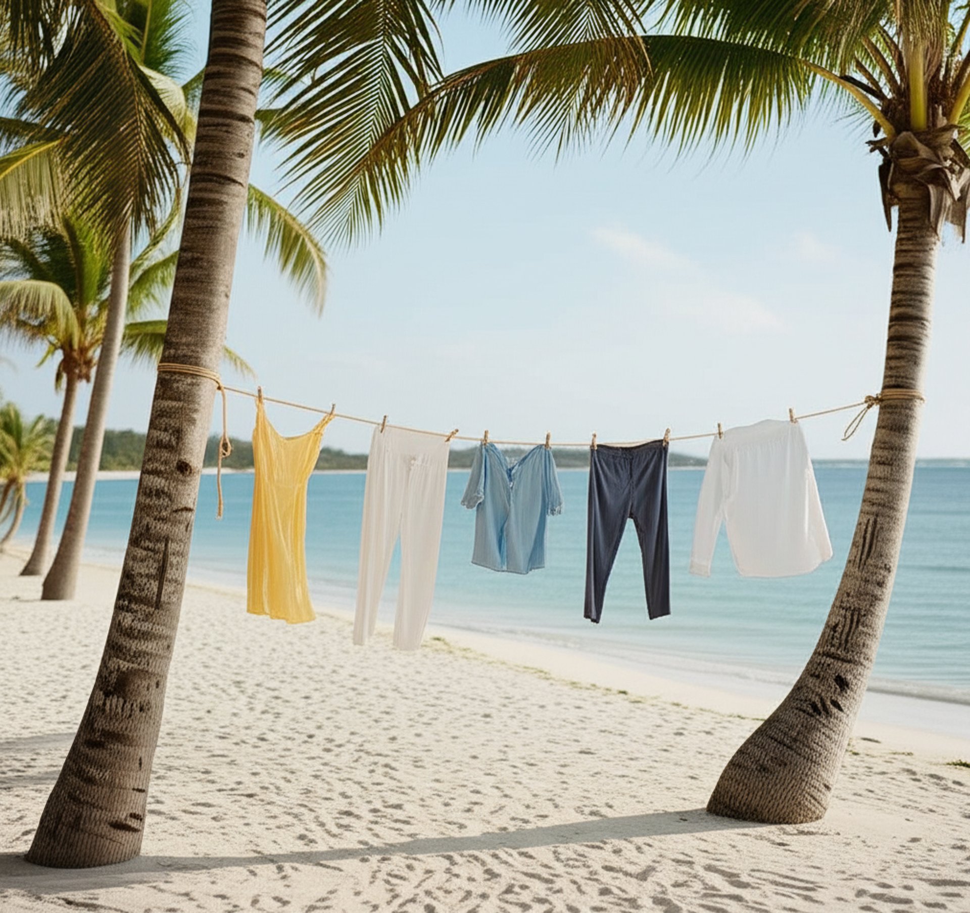 Clothesline between palm trees on a sandy beach with ocean and blue sky.
