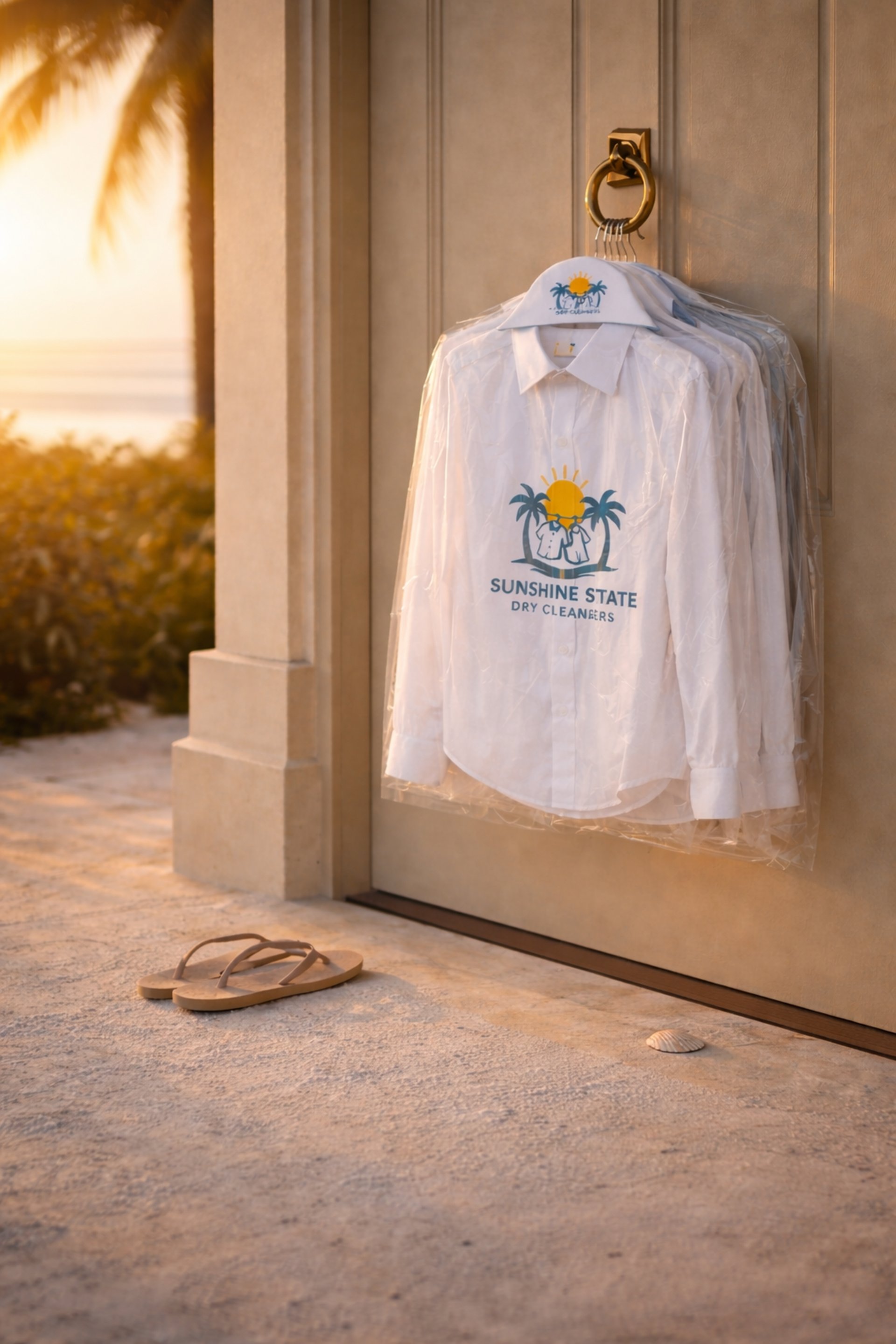 Clothesline between palm trees on a sandy beach with ocean and blue sky.