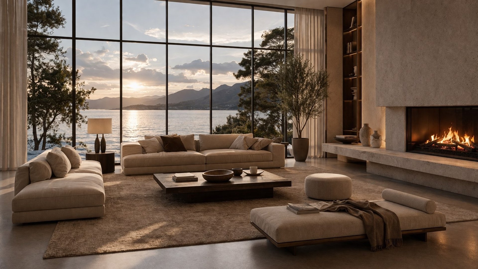 Modern luxury living room with fireplace and sea view.