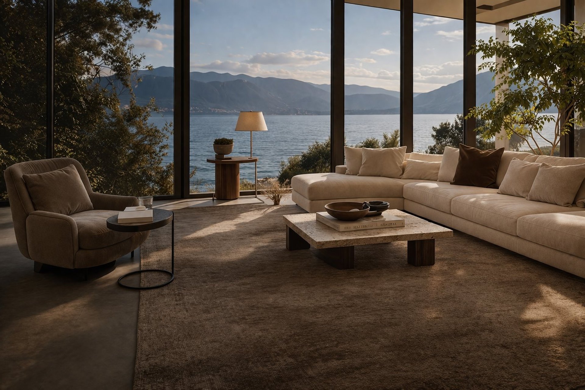 Modern luxury living room with panoramic sea view.