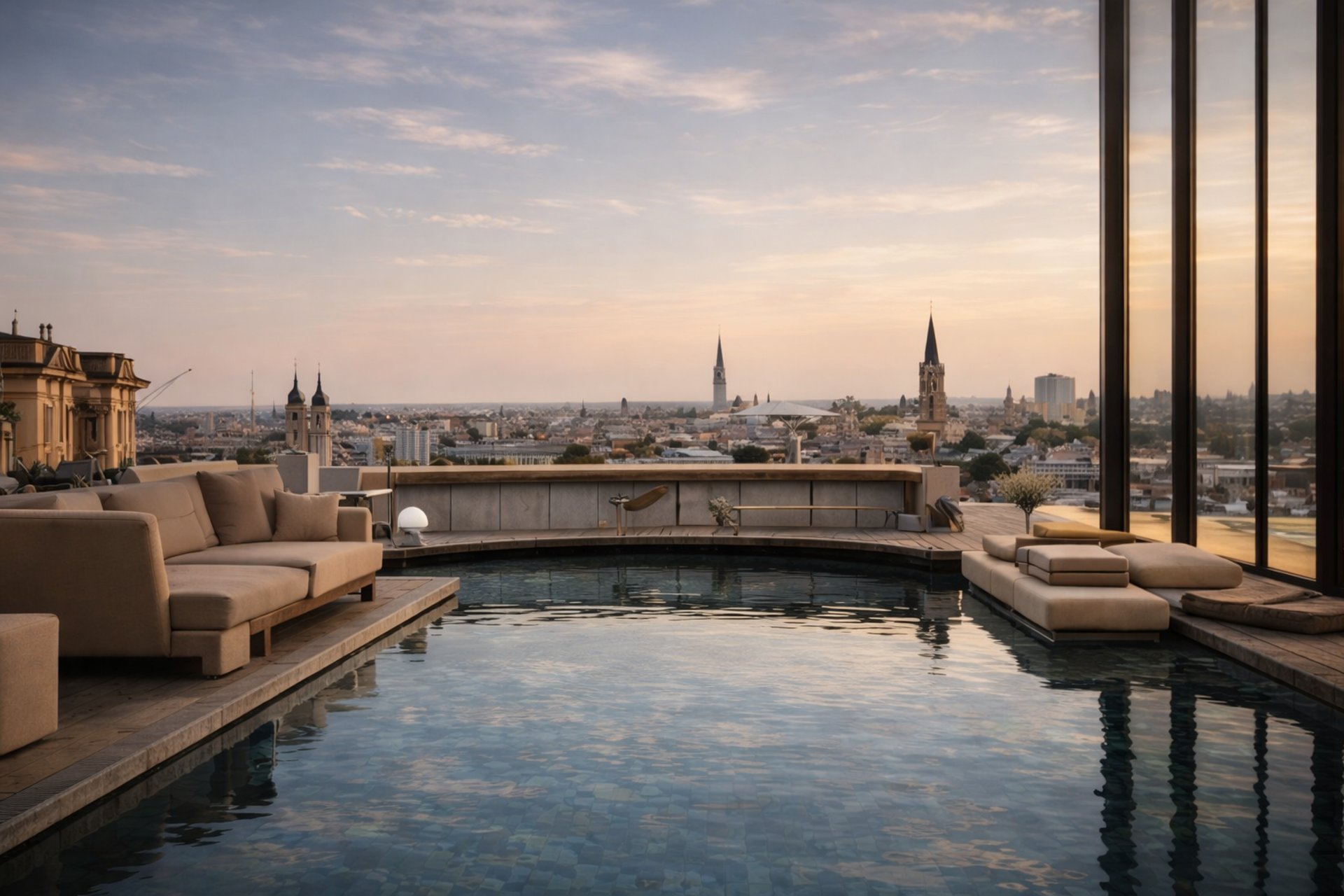 Luxury rooftop hotel pool overlooking a historic European city skyline at sunset.