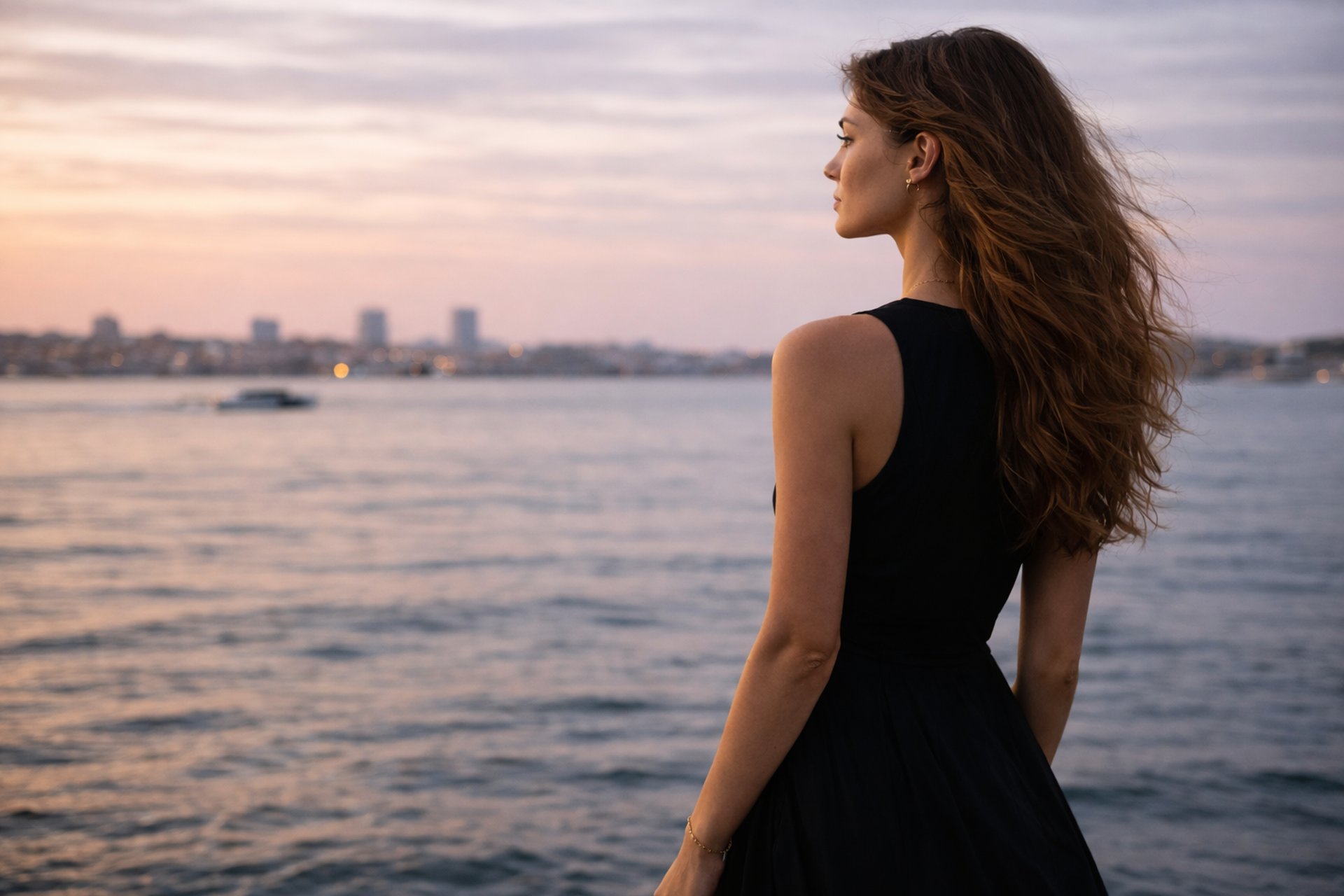 Elegant woman overlooking London skyline at sunset