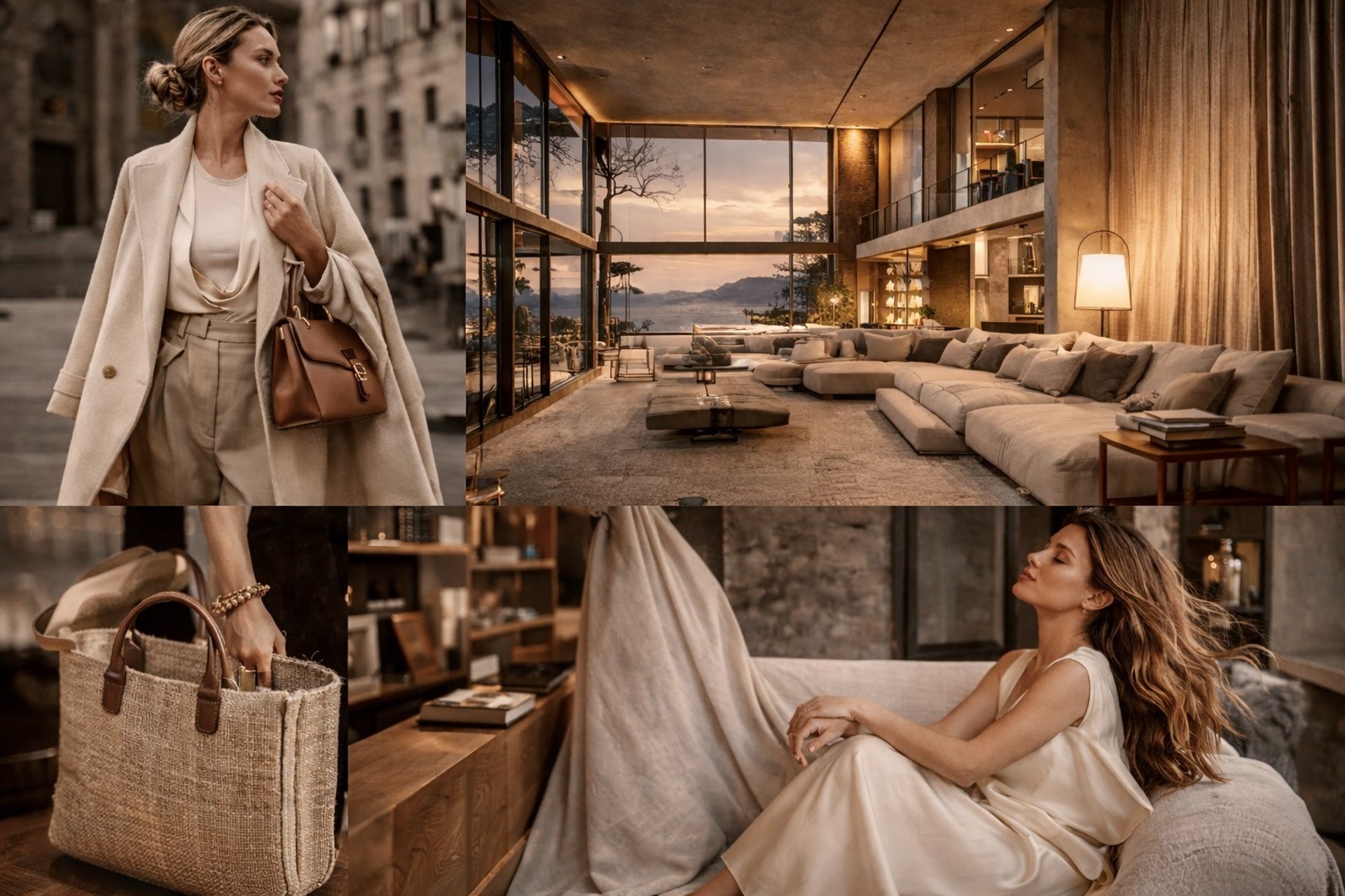 Quiet luxury fashion and interior lifestyle editorial collage