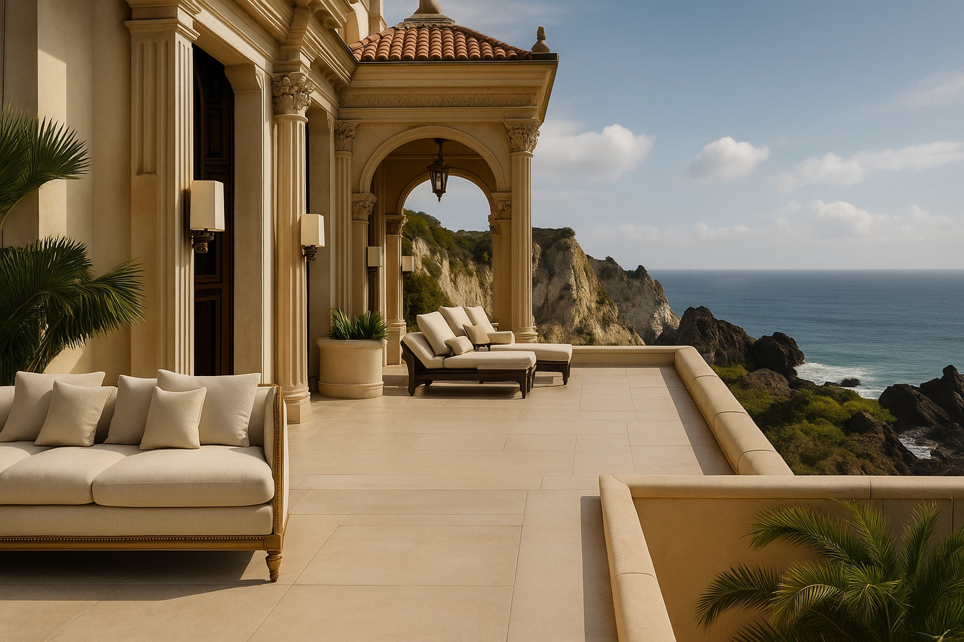 Luxury Mediterranean terrace overlooking the ocean, elegant architectural design, and serene coastal view.