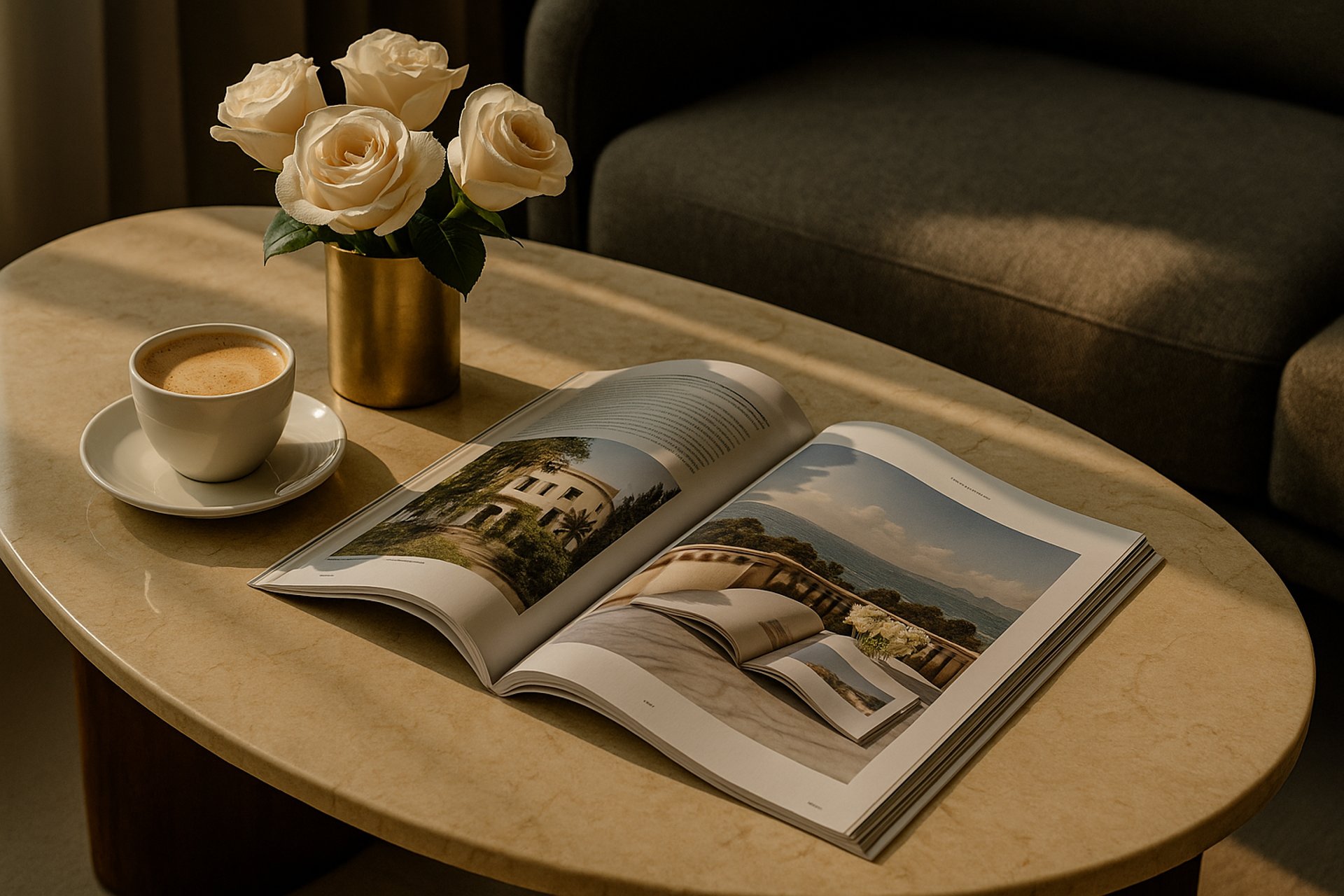 Elegant marble coffee table with an open lifestyle magazine, cappuccino, and coastal view — luxury editorial setting.