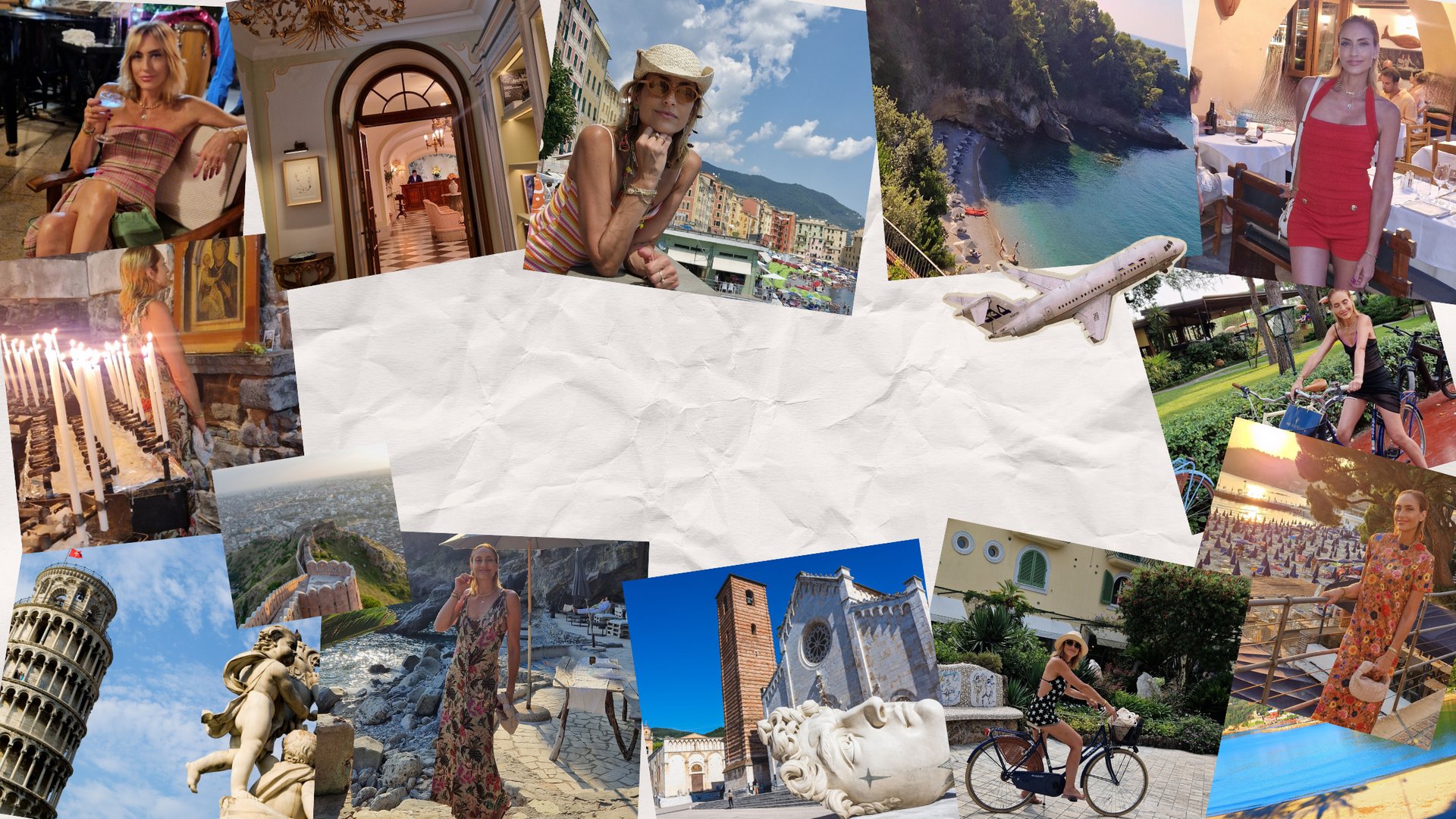 Italy travel collage with Amalfi Coast, Tuscany villages, and Italian landmarks.